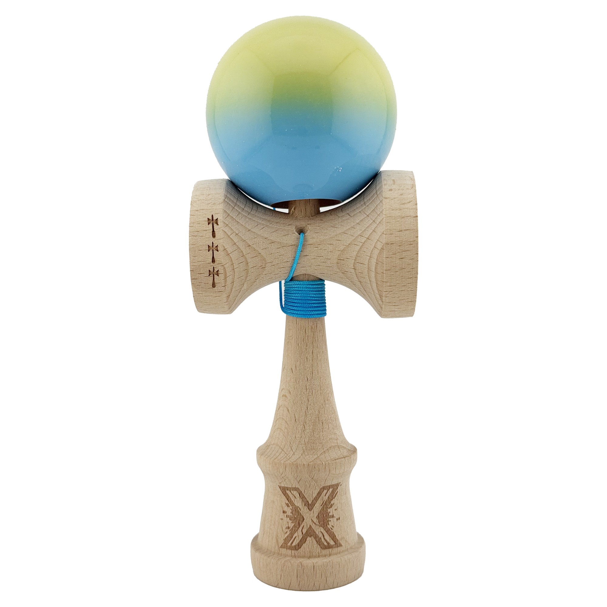 Kendama si Spinnere - Kendama X Originala, Profesionala, Big Cups V2, Super Sticky cu Cupe Mari, din lemn 18 cm, Rulment Metalic cu Ata 55 cm, Galben/Albastru