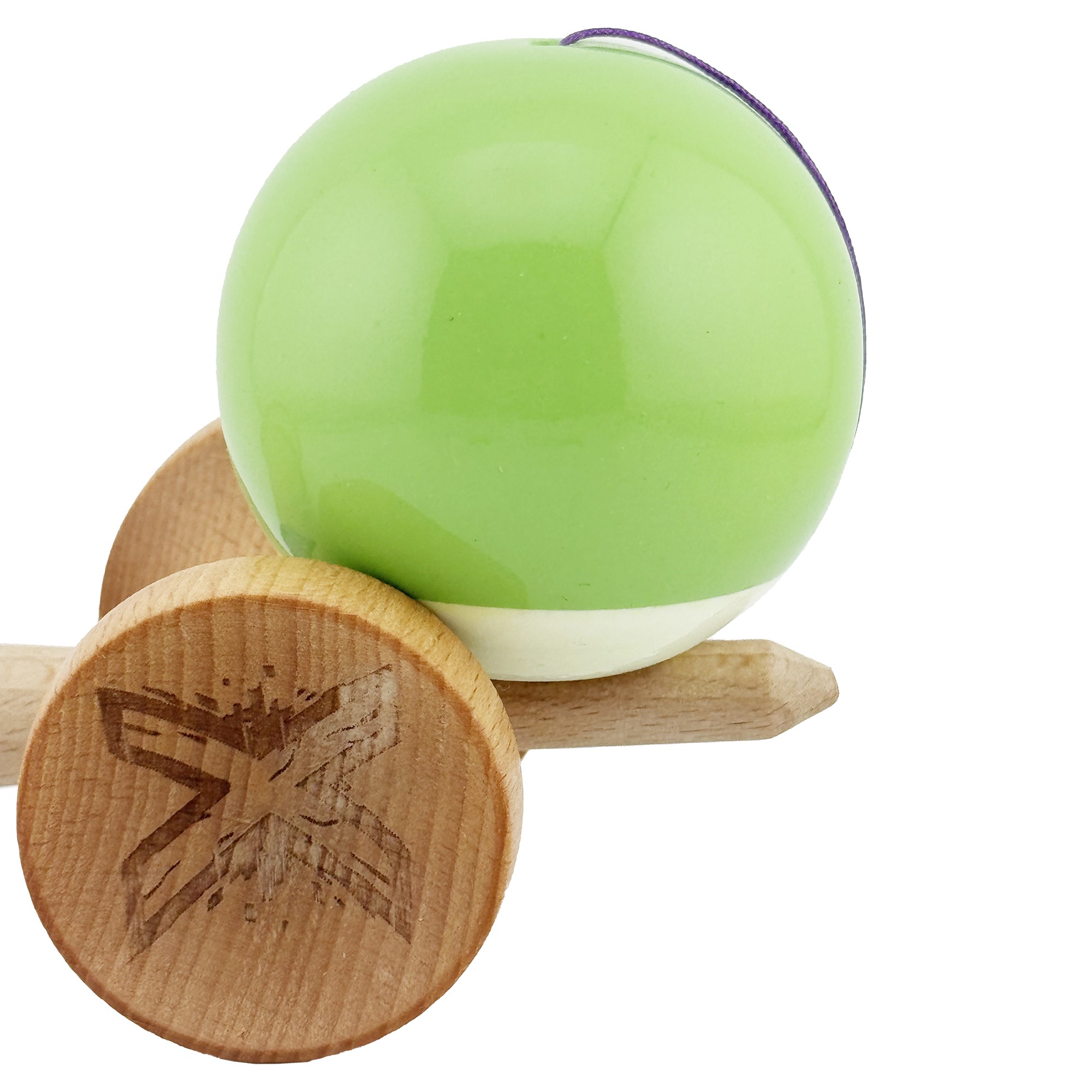 Kendama X Originala, Profesionala, Big Cups V2, Super Sticky cu Cupe Mari, din lemn 18 cm, Rulment Metalic cu Ata 55 cm, Verde deschis/Alb [6]