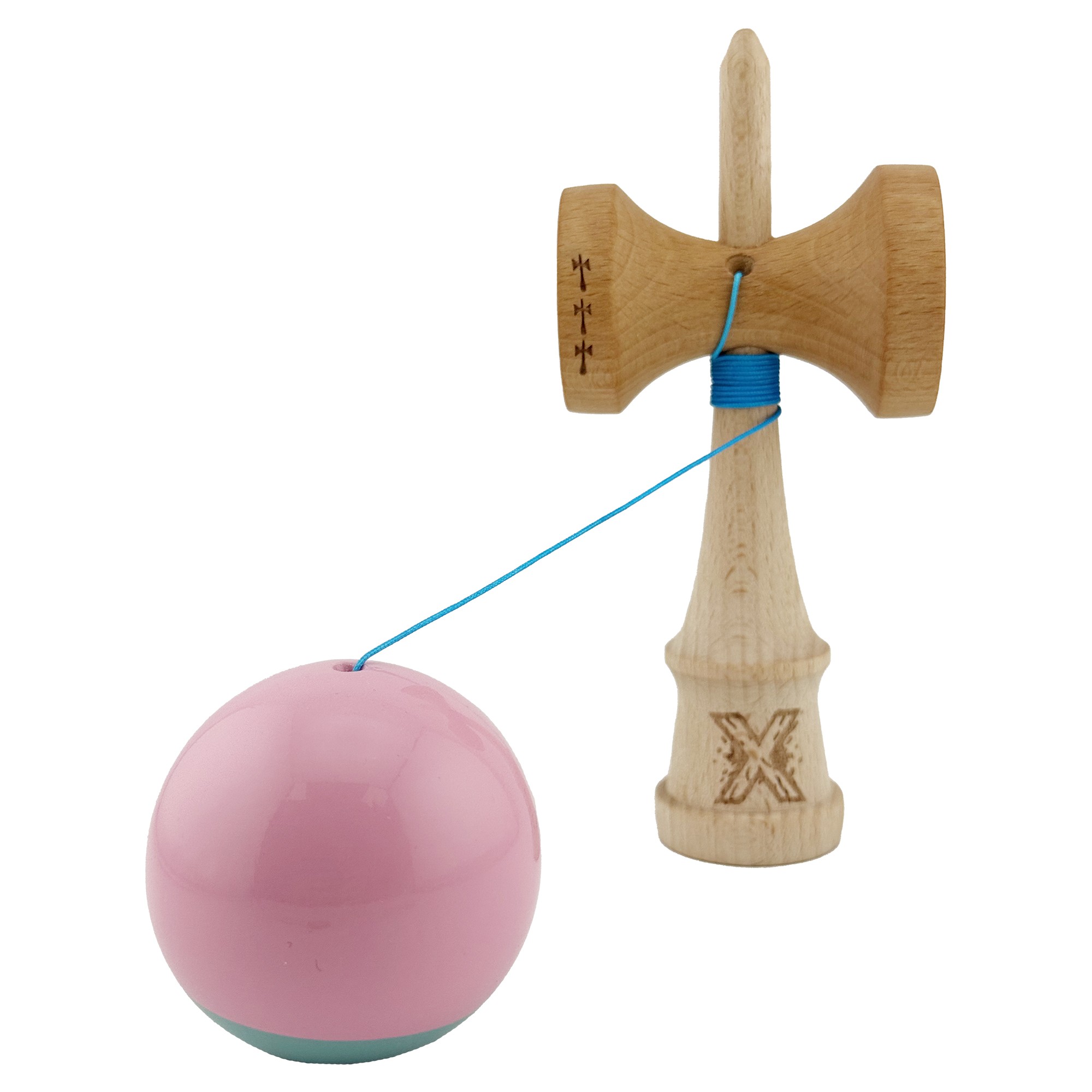 Kendama X Originala, Profesionala, Big Cups V2, Super Sticky cu Cupe Mari, Rulment Metalic, din lemn 18 cm, Ata 55 cm, Roz/Verde [2]