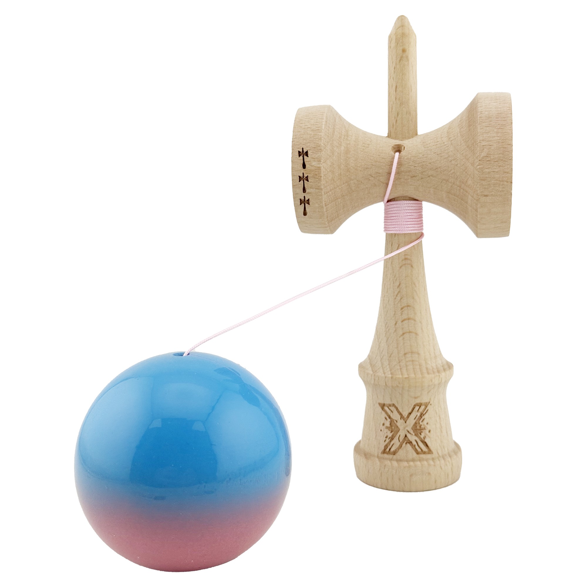 Kendama X Originala, Profesionala, Big Cups V2, Super Sticky cu Cupe Mari, din lemn 18 cm, Rulment Metalic cu Ata 55 cm, Albastru/Roz [2]