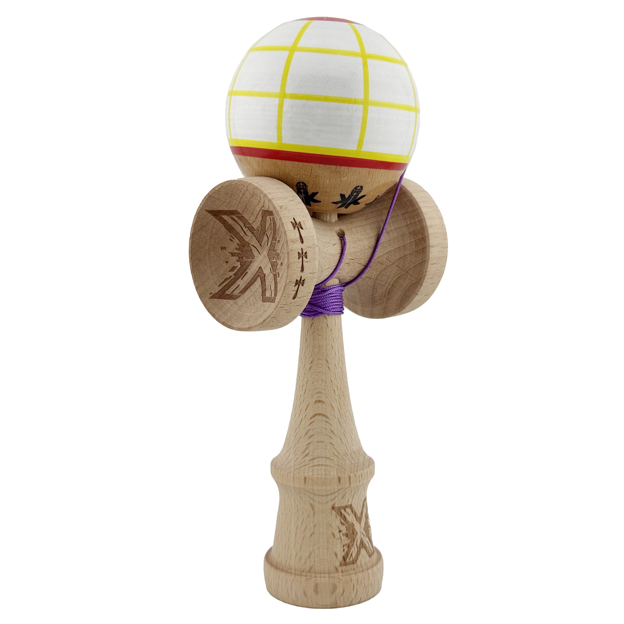 Kendama X Originala, Profesionala, Big Cups V2, Model Glob Super Sticky Legendary Cupe Mari, Rulment Metalic cu Ata 55 cm, Alb/Galben/Rosu [1]