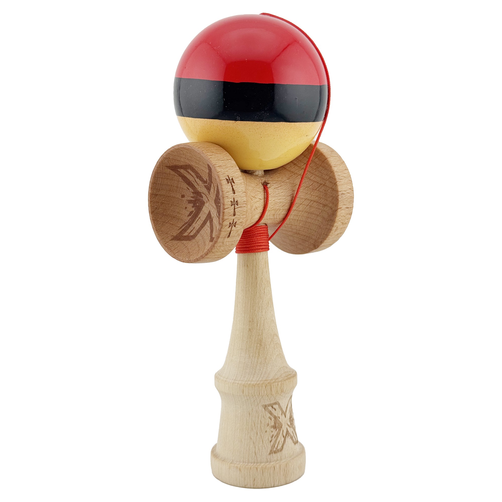 Kendama X Originala, Profesionala, Big Cups V2, Super Sticky cu Cupe Mari, Rulment Metalic, din lemn 18 cm, Ata 55 cm, Rosu/Negru/Galben [1]