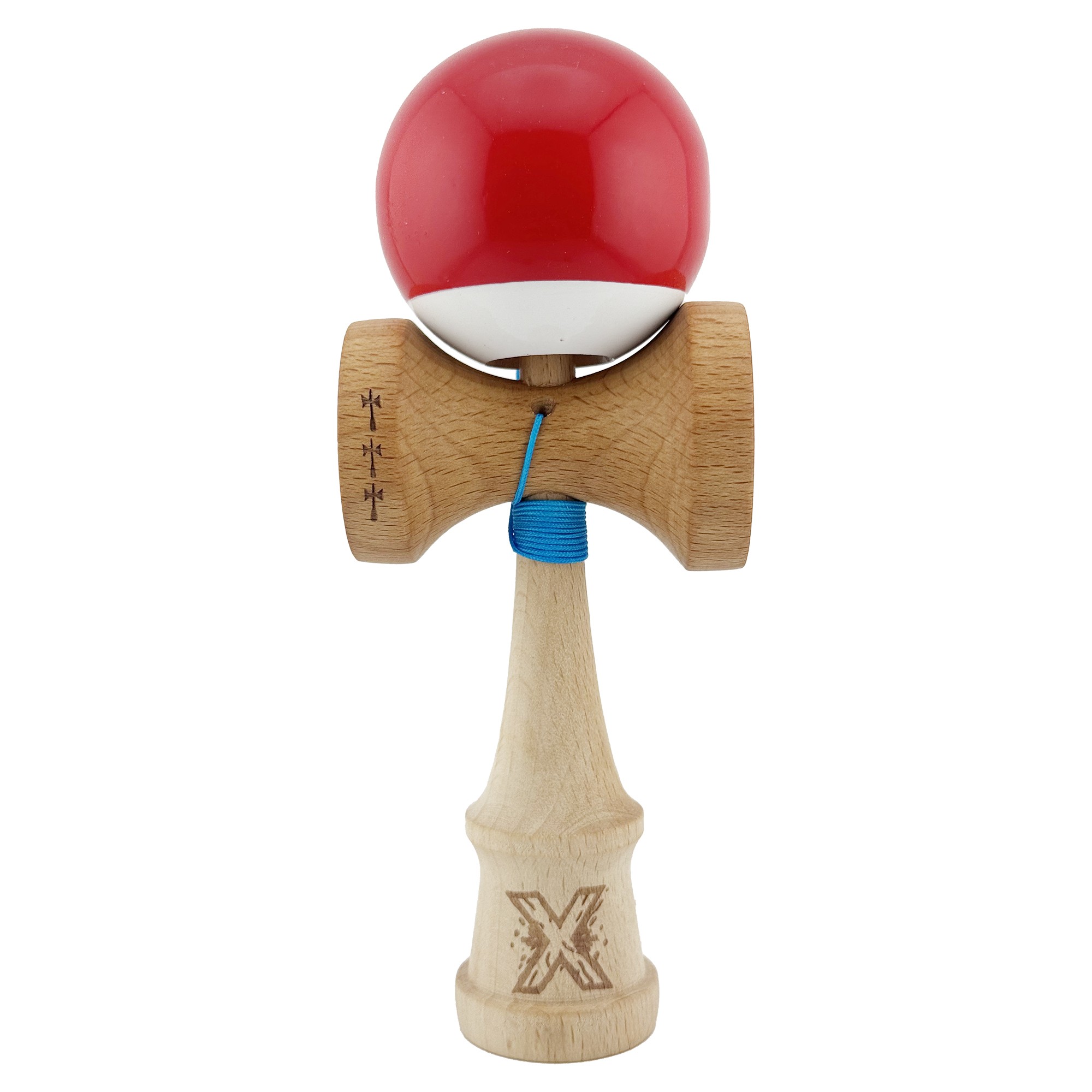Kendama si Spinnere - Kendama X Originala, Profesionala, Big Cups V2, Super Sticky cu Cupe Mari, din lemn 18 cm, Rulment Metalic cu Ata 55 cm, Rosu/Alb