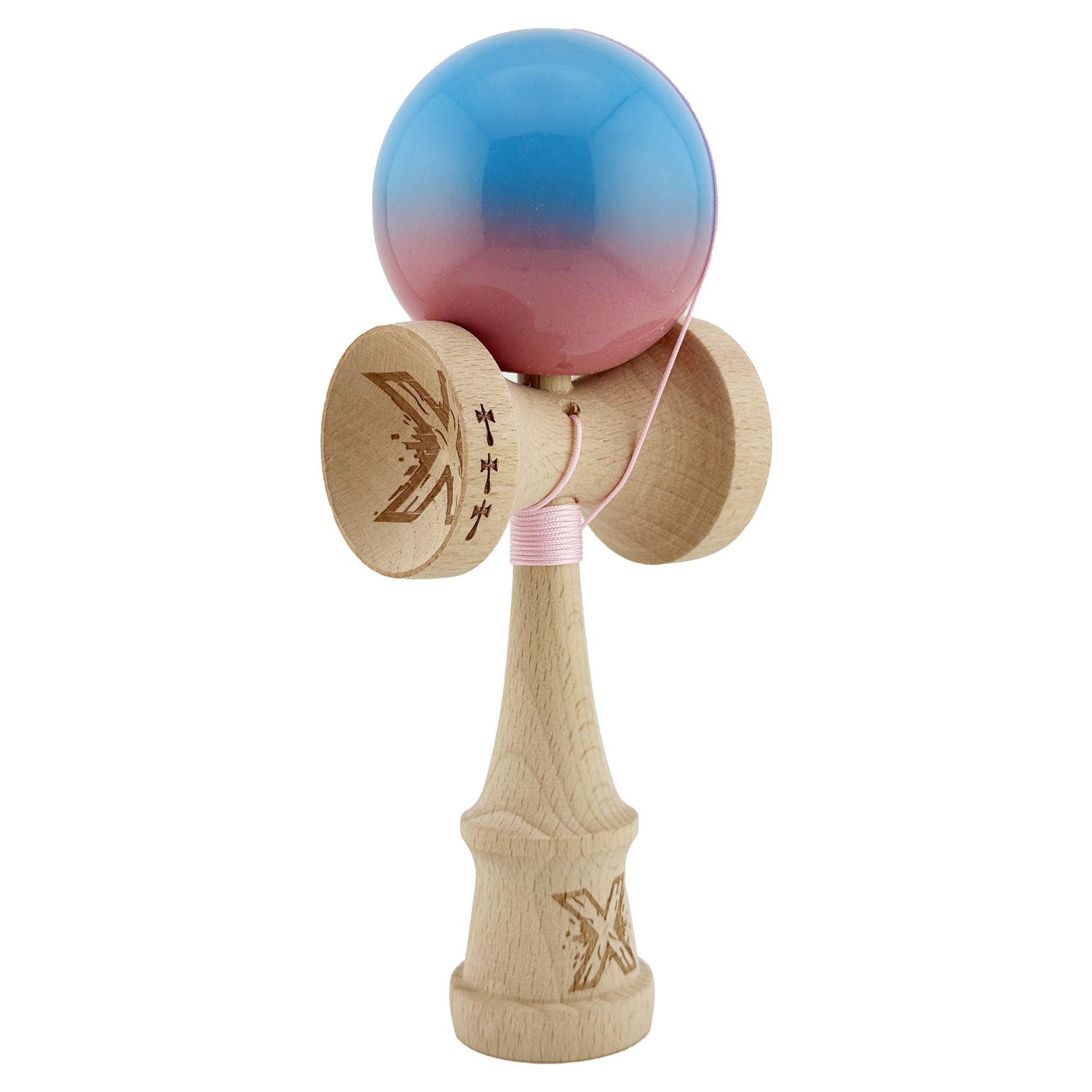 Kendama X Originala, Profesionala, Big Cups V2, Super Sticky cu Cupe Mari, din lemn 18 cm, Rulment Metalic cu Ata 55 cm, Albastru/Roz [1]
