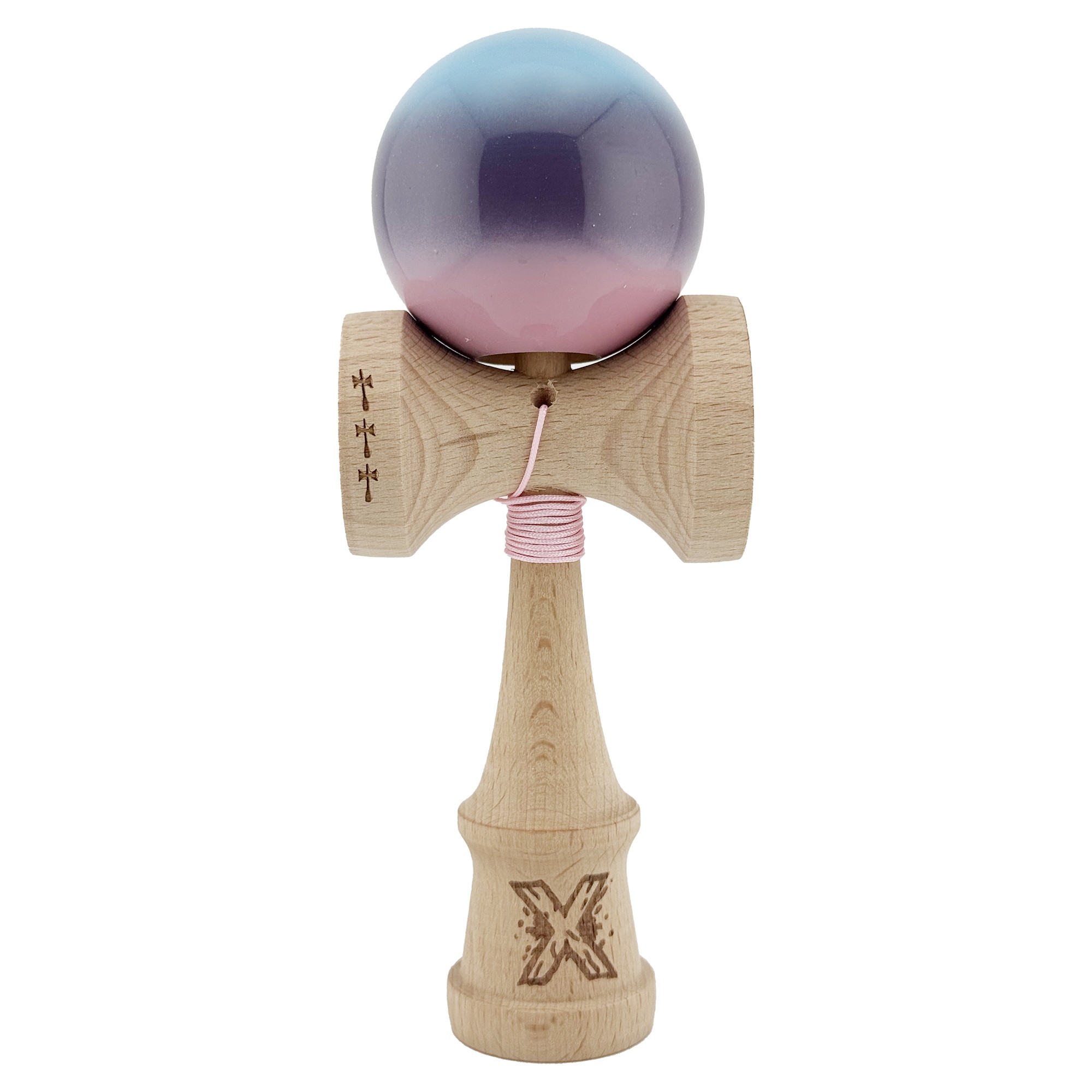 Kendama Super Sticky V2 Cupe Mari - Kendama X Originala, Profesionala, Big Cups V2, Super Sticky cu Cupe Mari, din lemn 18 cm, Rulment Metalic cu Ata 55 cm, Albastru/Mov/Roz