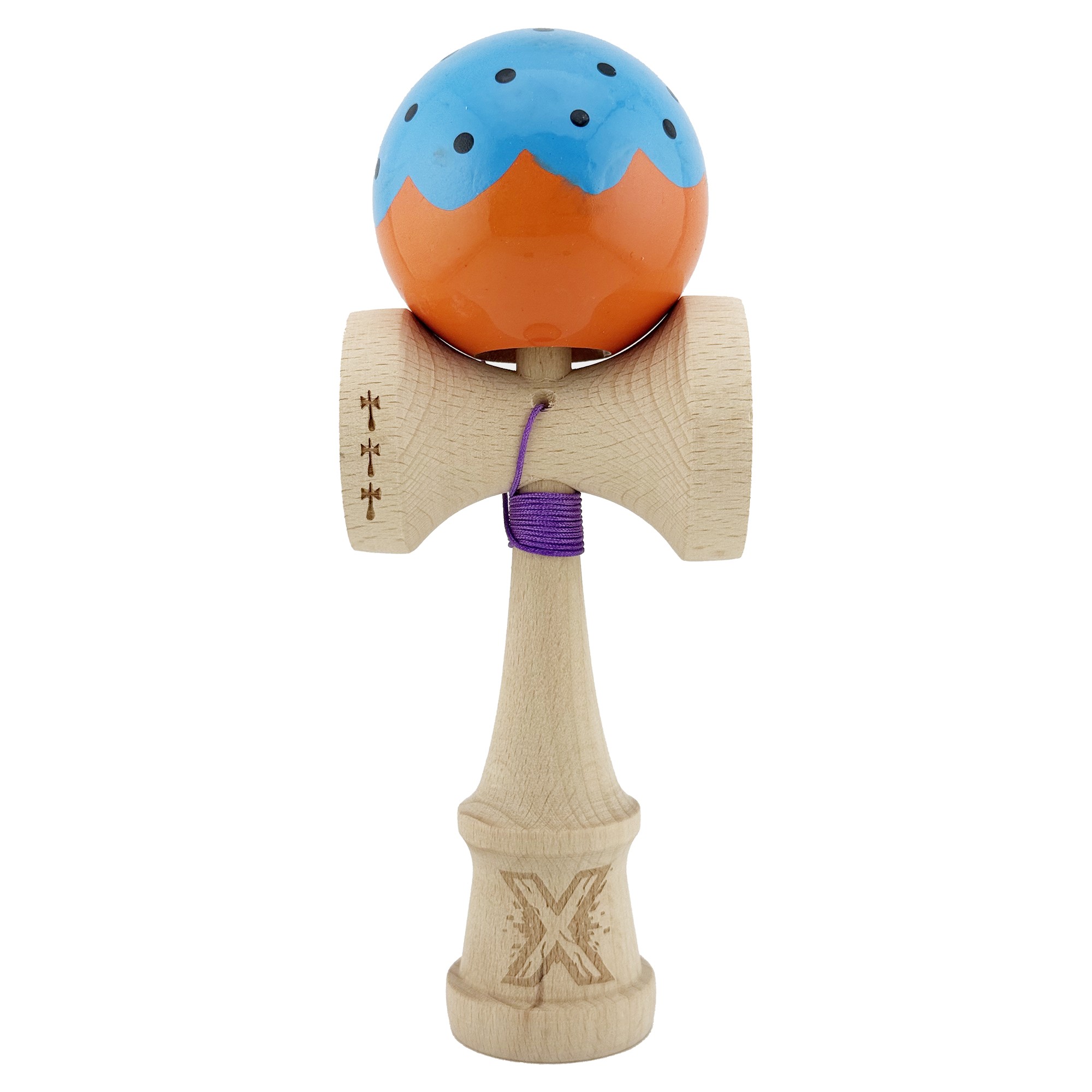 Kendama si Spinnere - Kendama X Originala, Profesionala, Big Cups V2, Super Sticky cu Cupe Mari, din lemn 18 cm, Rulment Metalic cu Ata 55 cm, Albastru/Portocaliu