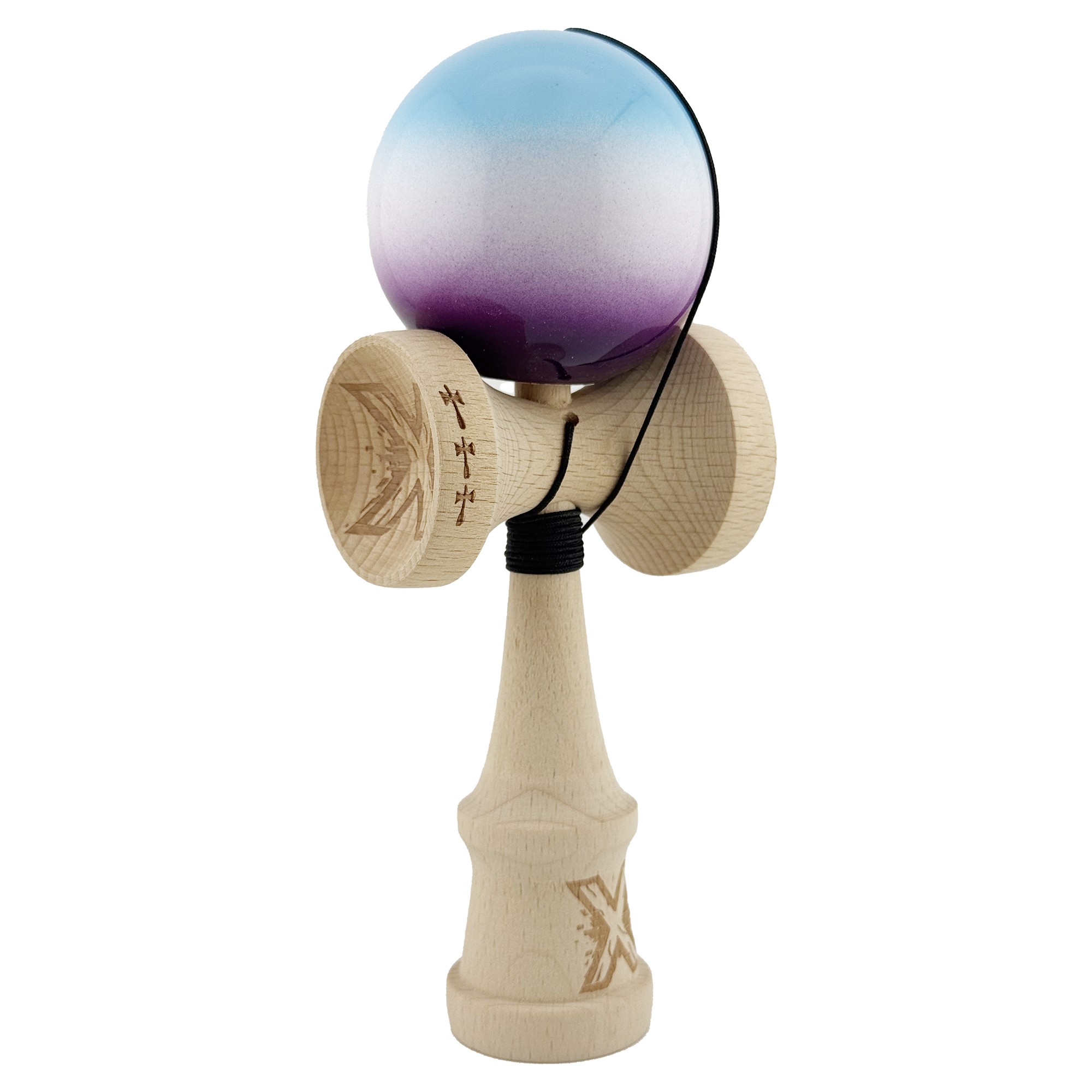 Kendama X Originala, Profesionala, Big Cups V2, Super Sticky cu Cupe Mari, din lemn 18 cm, Rulment Metalic cu Ata 55 cm, Albastru/Alb/Mov [1]