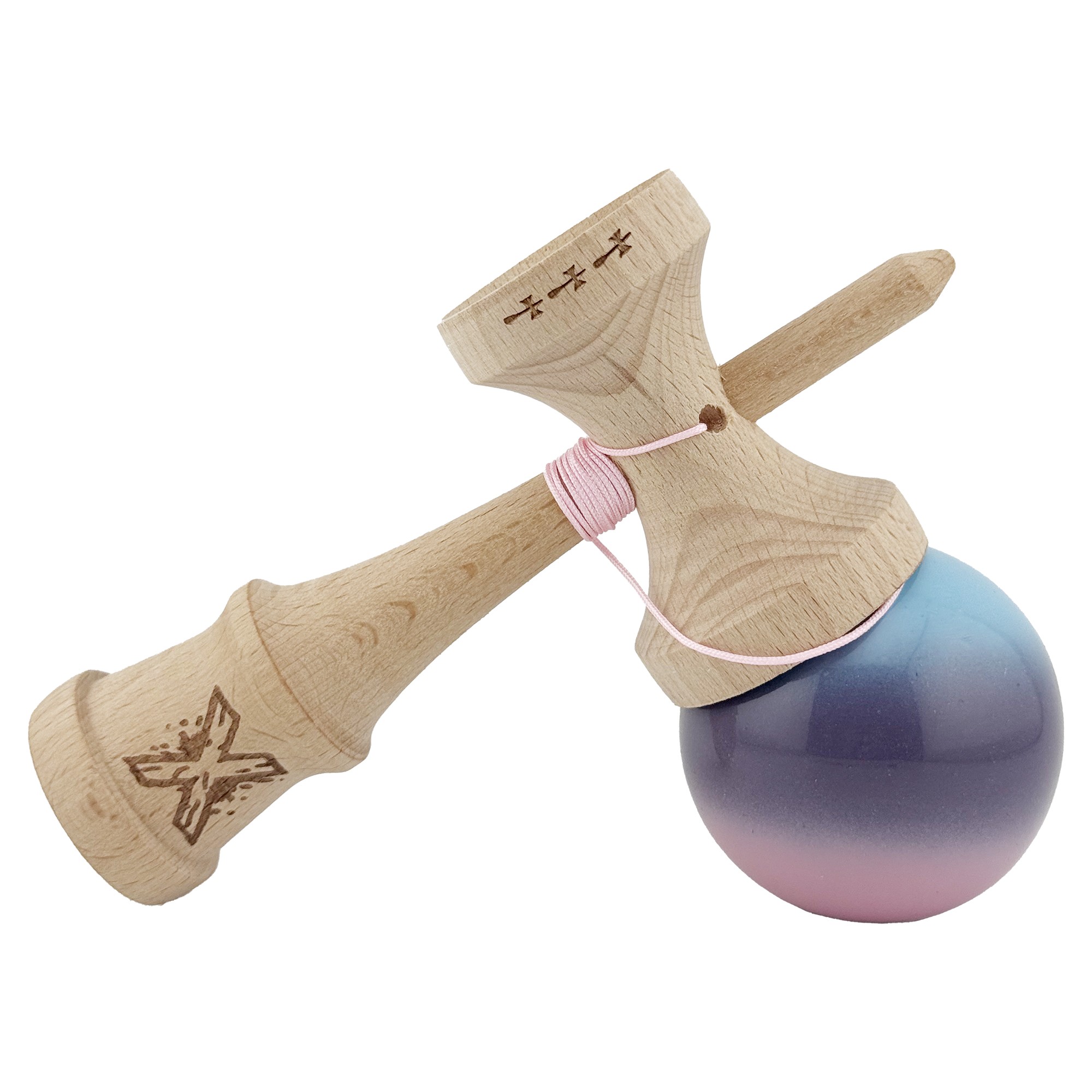 Kendama X Originala, Profesionala, Big Cups V2, Super Sticky cu Cupe Mari, din lemn 18 cm, Rulment Metalic cu Ata 55 cm, Albastru/Mov/Roz [3]