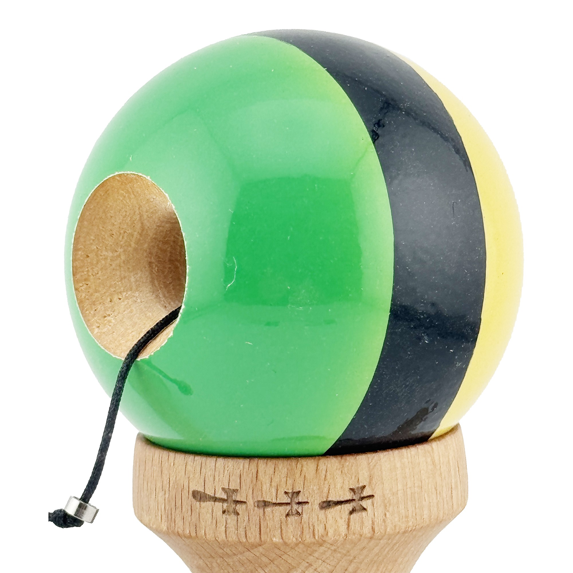Kendama X Originala, Profesionala, Big Cups V2, Super Sticky cu Cupe Mari, Rulment Metalic, din lemn 18 cm, Ata 55 cm, Galben/Negru/Verde [5]