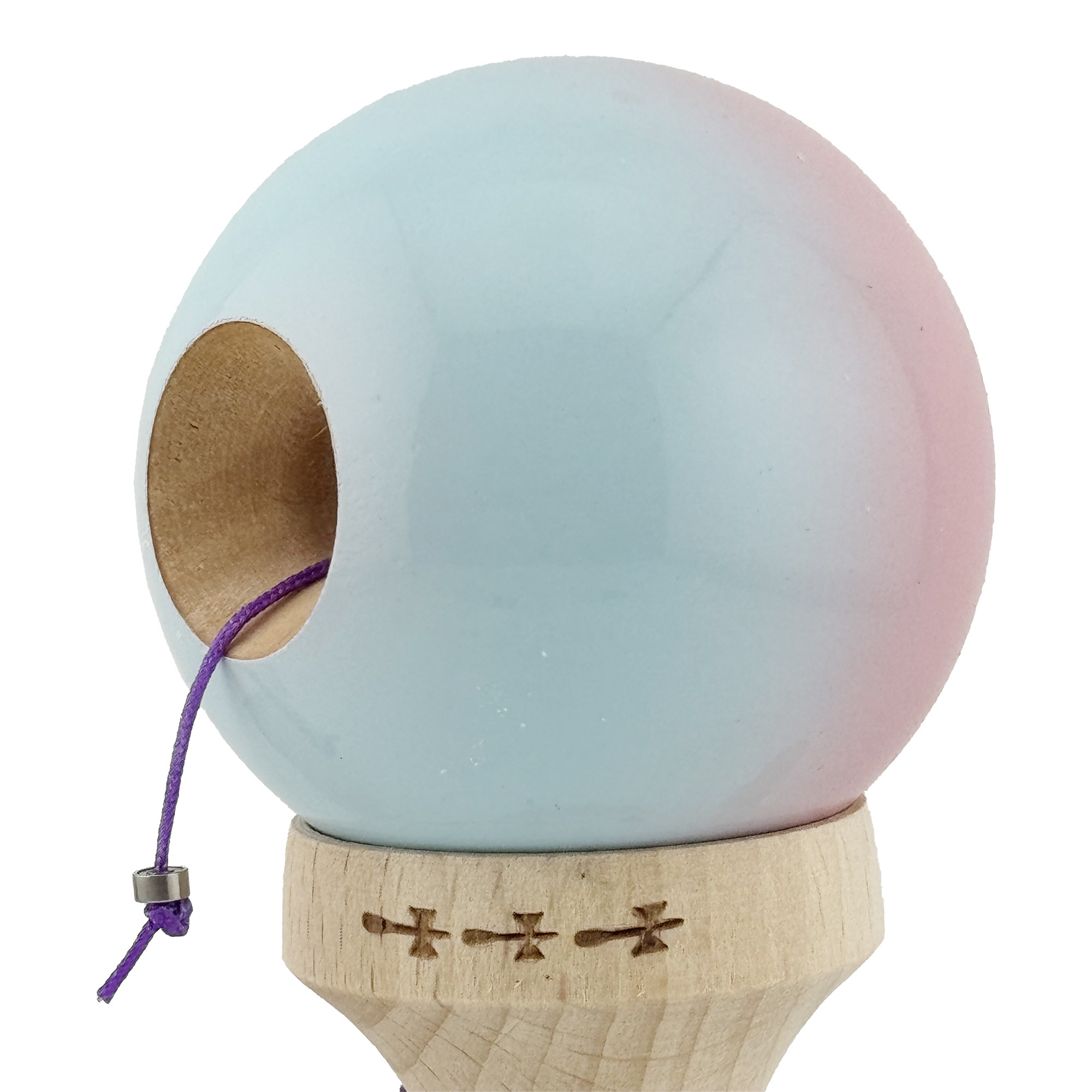 Kendama X Originala, Profesionala, Big Cups V2, Super Sticky cu Cupe Mari, din lemn 18 cm, Rulment Metalic cu Ata 55 cm, Roz/Albastru deschis [4]