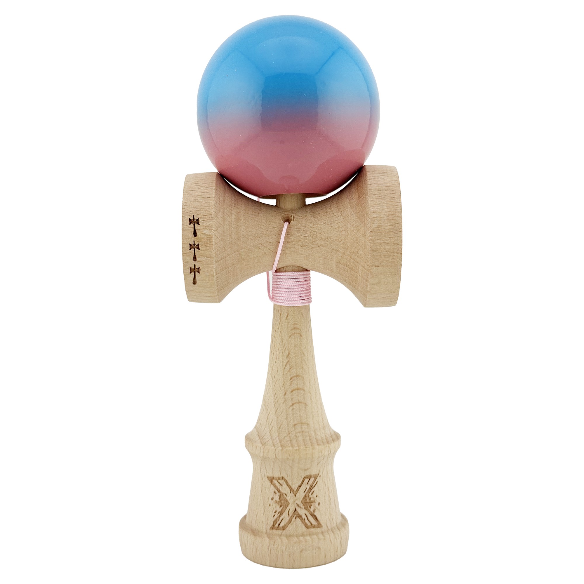 Kendama si Spinnere - Kendama X Originala, Profesionala, Big Cups V2, Super Sticky cu Cupe Mari, din lemn 18 cm, Rulment Metalic cu Ata 55 cm, Albastru/Roz