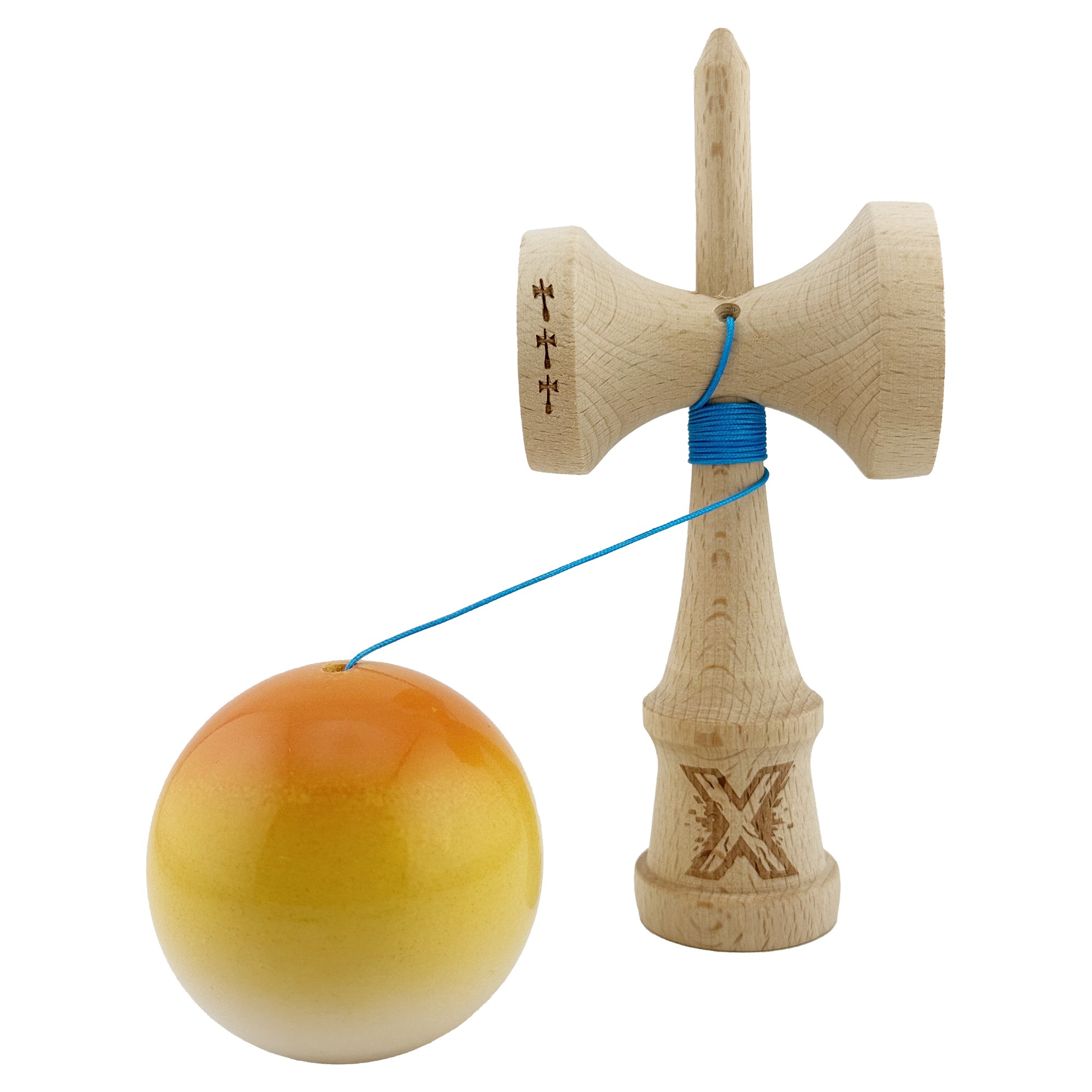Kendama X Originala, Profesionala, Big Cups V2, Super Sticky cu Cupe Mari, din lemn 18 cm, Rulment Metalic cu Ata 55 cm, Portocaliu/Galben/Alb [2]