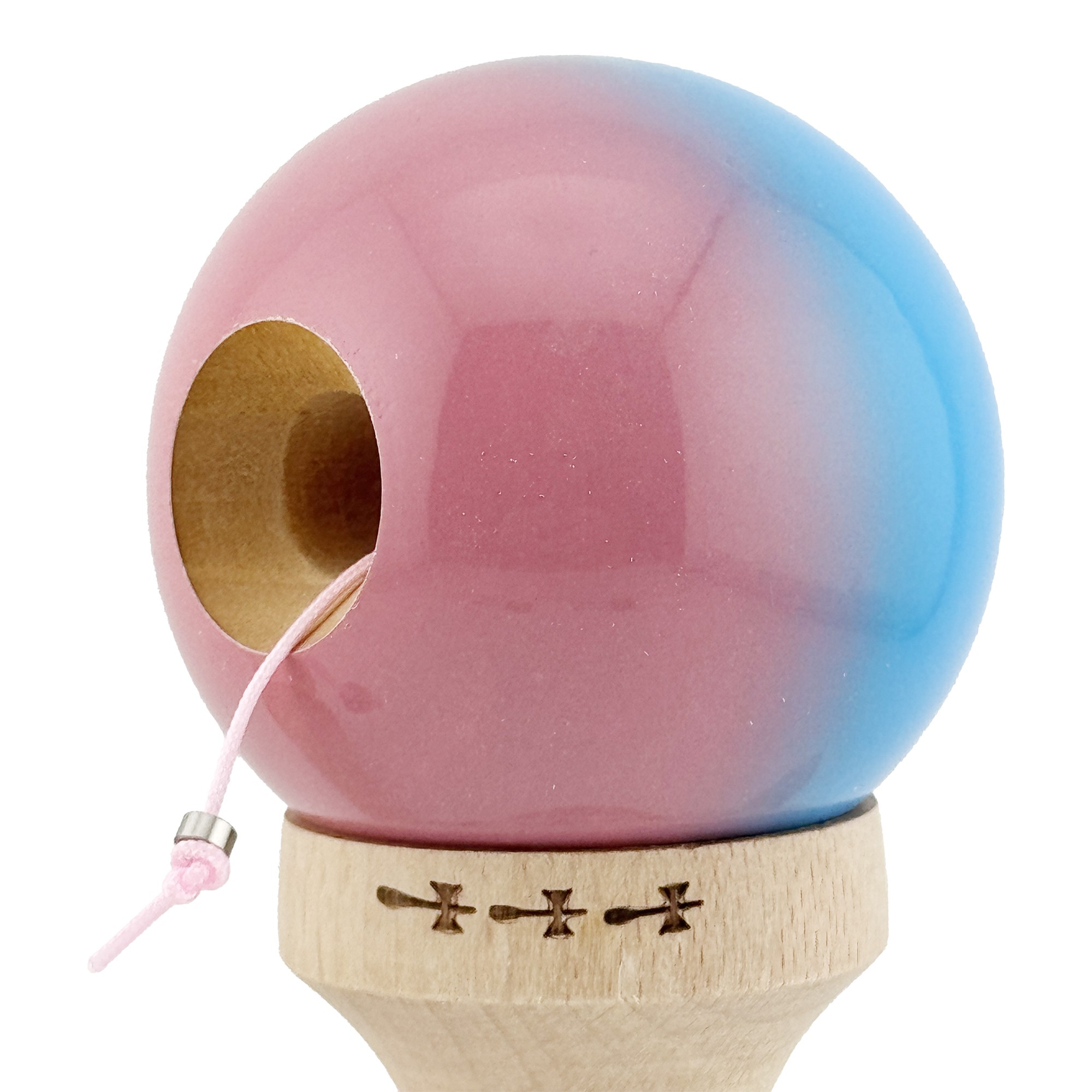 Kendama X Originala, Profesionala, Big Cups V2, Super Sticky cu Cupe Mari, din lemn 18 cm, Rulment Metalic cu Ata 55 cm, Albastru/Roz [4]