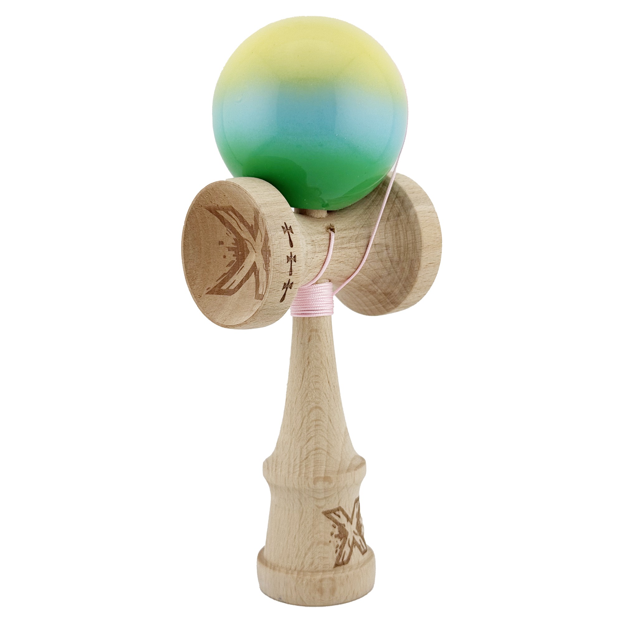 Kendama X Originala, Profesionala, Big Cups V2, Super Sticky cu Cupe Mari, din lemn 18 cm, Rulment Metalic cu Ata 55 cm, Galben/Albastru/Verde [1]
