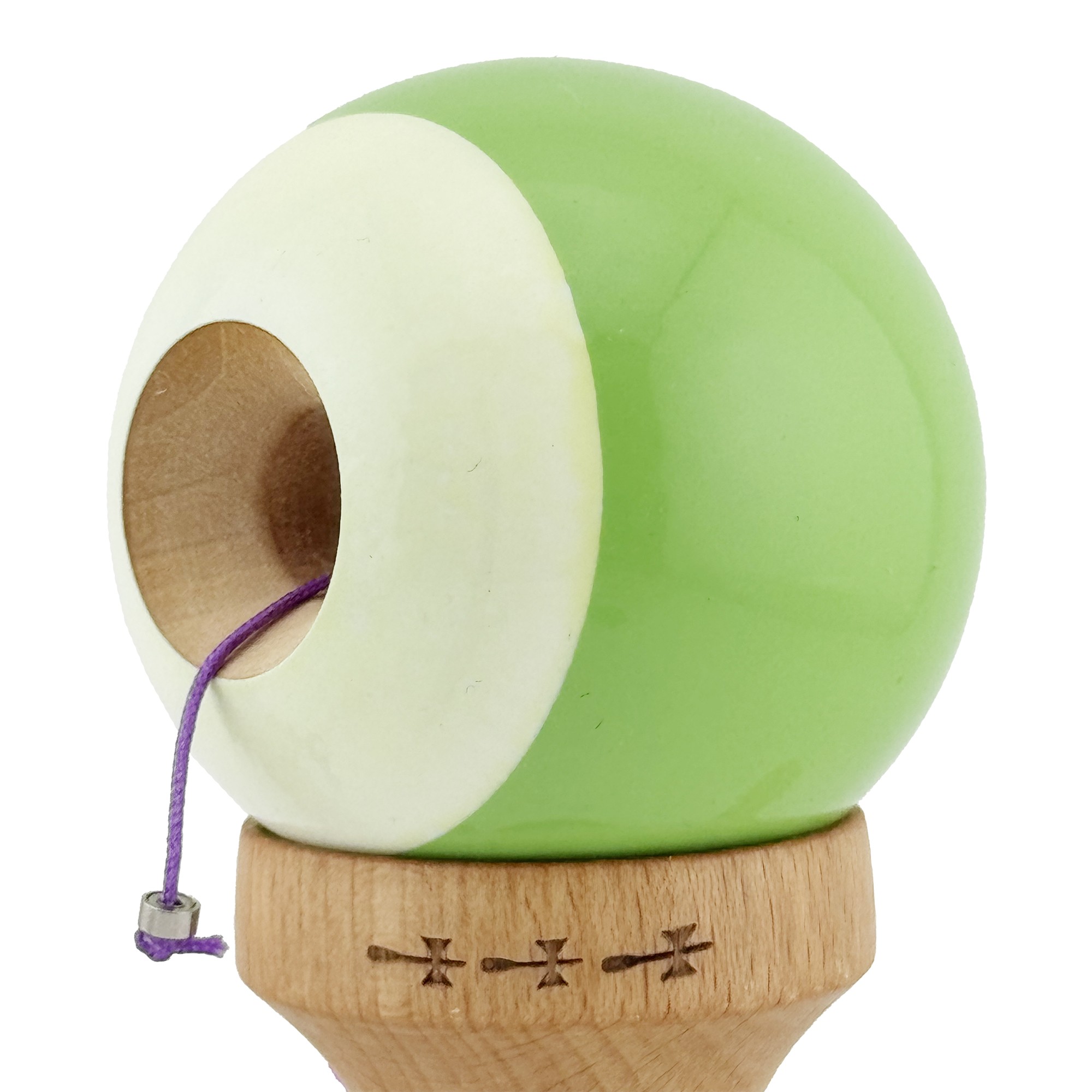 Kendama X Originala, Profesionala, Big Cups V2, Super Sticky cu Cupe Mari, din lemn 18 cm, Rulment Metalic cu Ata 55 cm, Verde deschis/Alb [4]