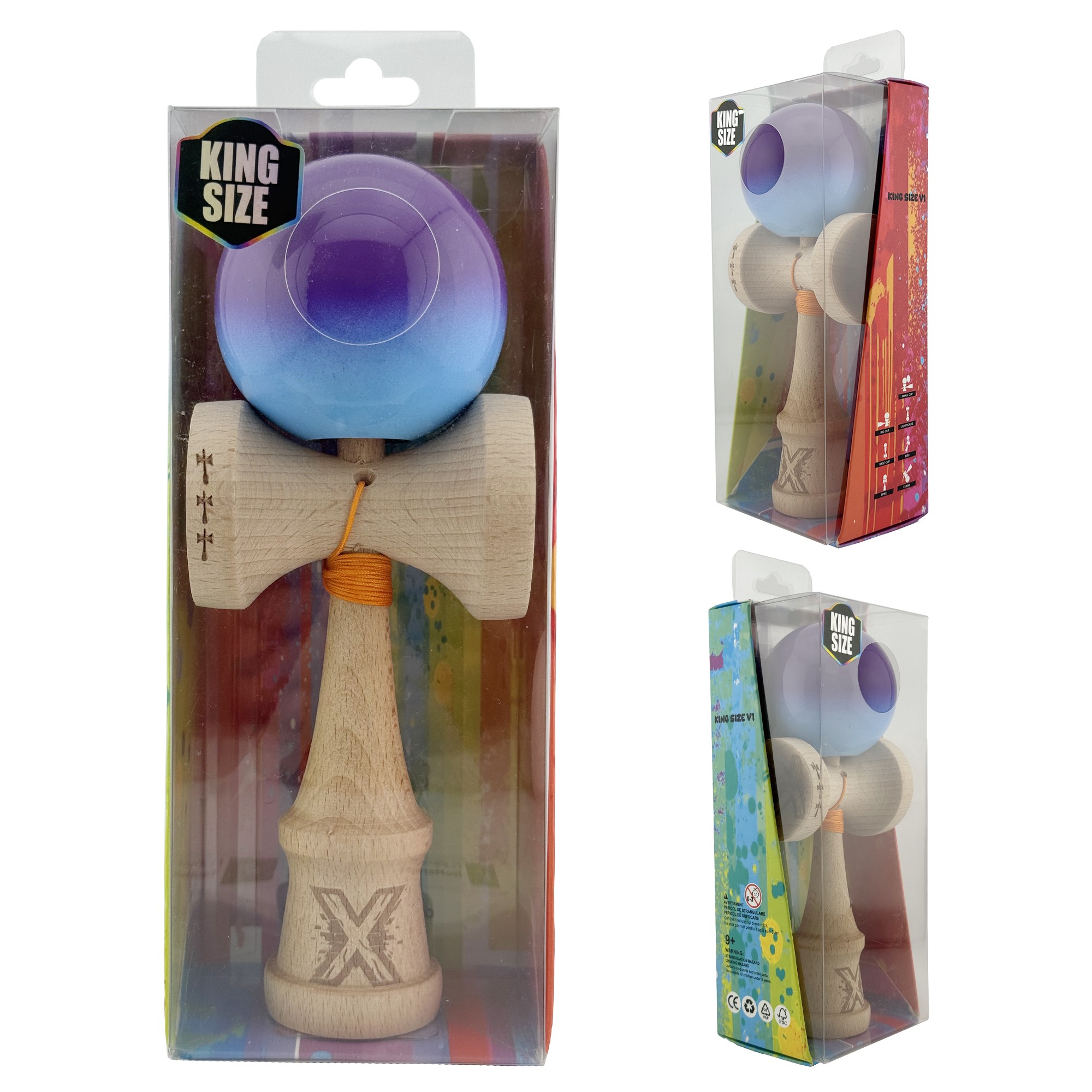 Kendama X Originala, Profesionala, Big Cups V2, Super Sticky cu Cupe Mari, din lemn 18 cm, Rulment Metalic cu Ata 55 cm, Mov/Albastru [9]