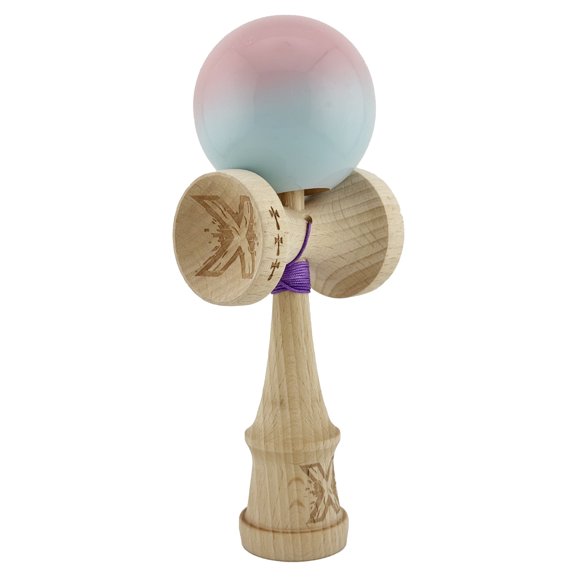 Kendama X Originala, Profesionala, Big Cups V2, Super Sticky cu Cupe Mari, din lemn 18 cm, Rulment Metalic cu Ata 55 cm, Roz/Albastru deschis [8]