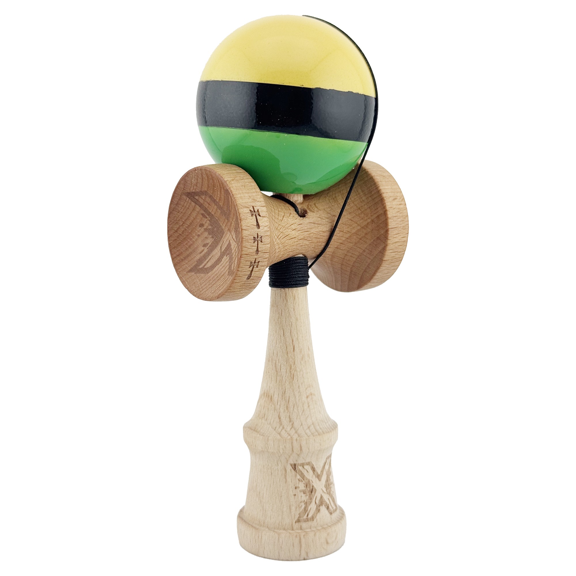 Kendama X Originala, Profesionala, Big Cups V2, Super Sticky cu Cupe Mari, din lemn 18 cm, Rulment Metalic cu Ata 55 cm, Galben/Negru/Verde [1]