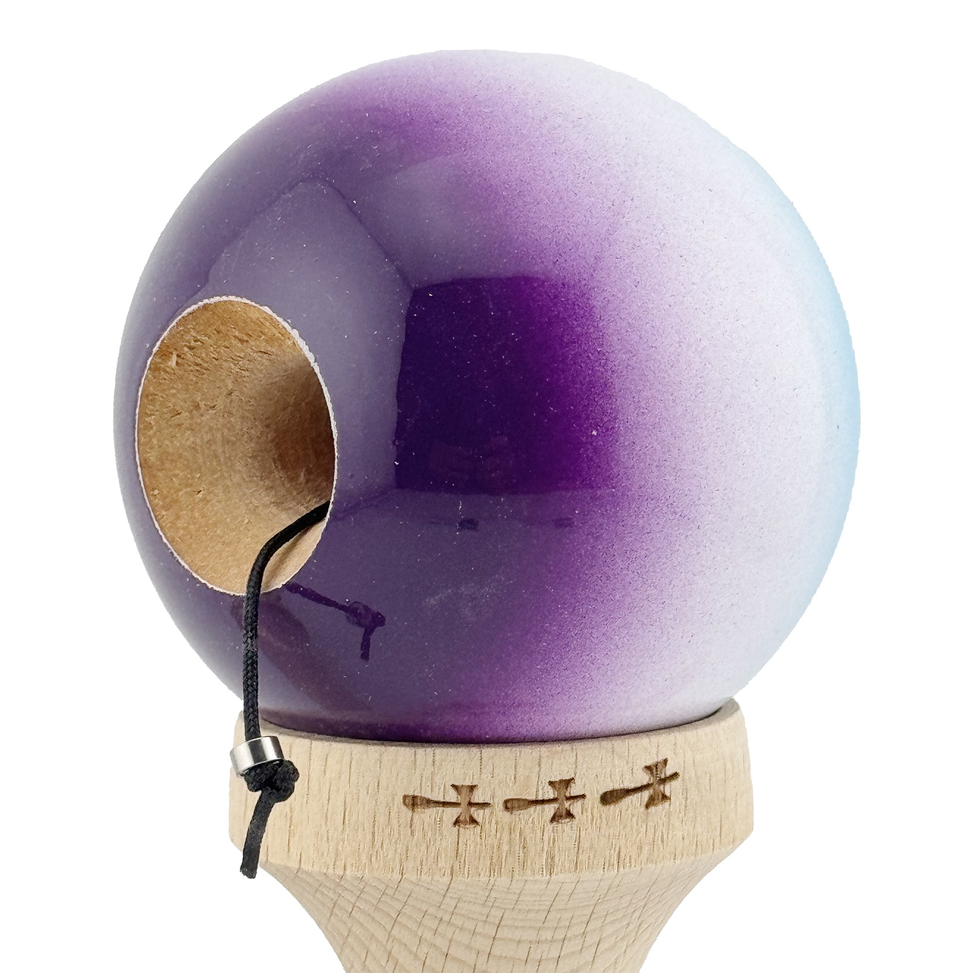 Kendama X Originala, Profesionala, Big Cups V2, Super Sticky cu Cupe Mari, din lemn 18 cm, Rulment Metalic cu Ata 55 cm, Albastru/Alb/Mov [4]