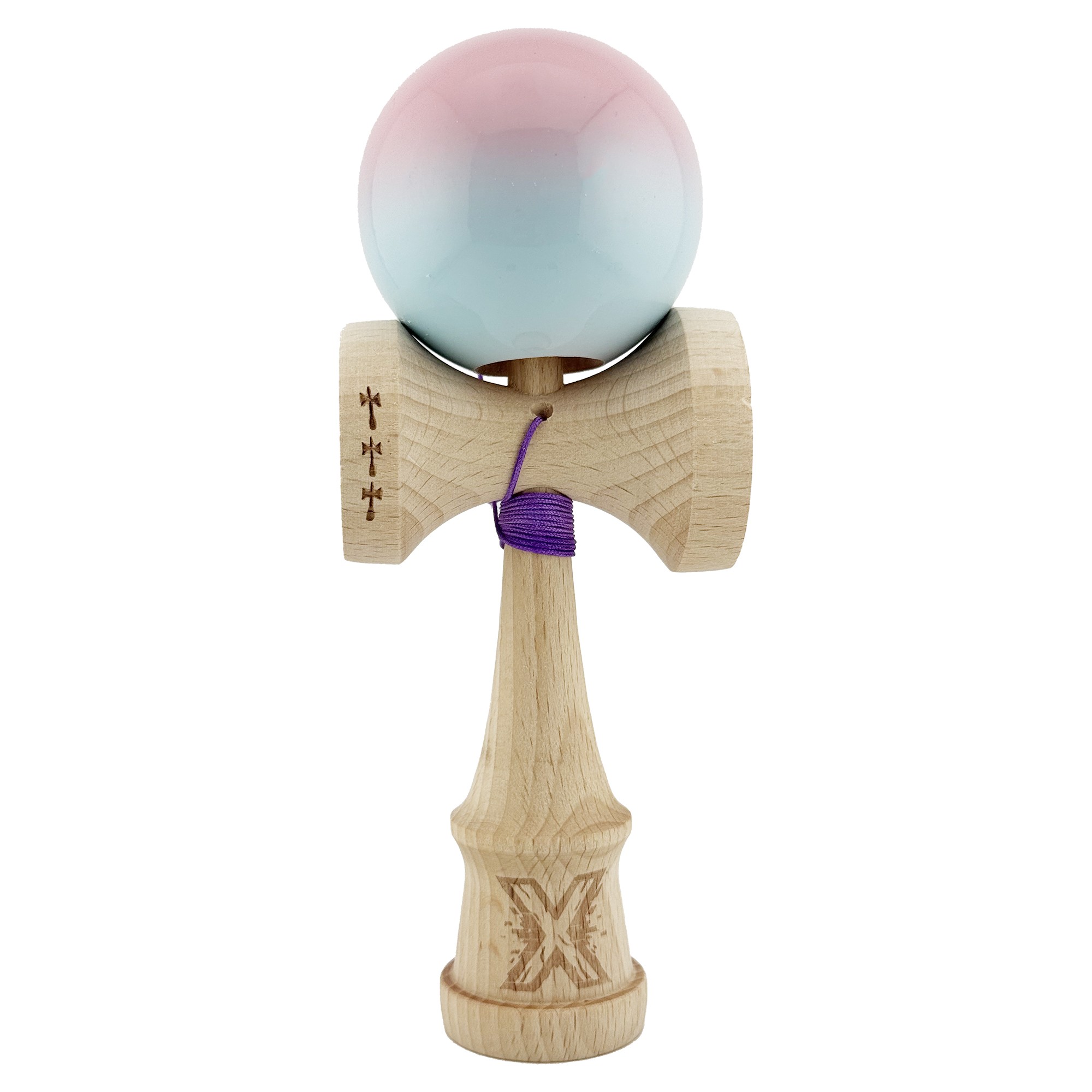 Kendama Super Sticky V2 Cupe Mari - Kendama X Originala, Profesionala, Big Cups V2, Super Sticky cu Cupe Mari, din lemn 18 cm, Rulment Metalic cu Ata 55 cm, Roz/Albastru deschis