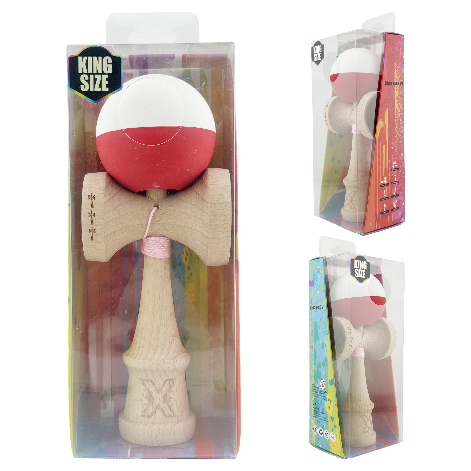 Kendama X Originala, Profesionala, Big Cups V2, Rubber Grip cu Cupe Mari, Rulment Metalic cu Ata 55 cm, Alb/Rosu [9]