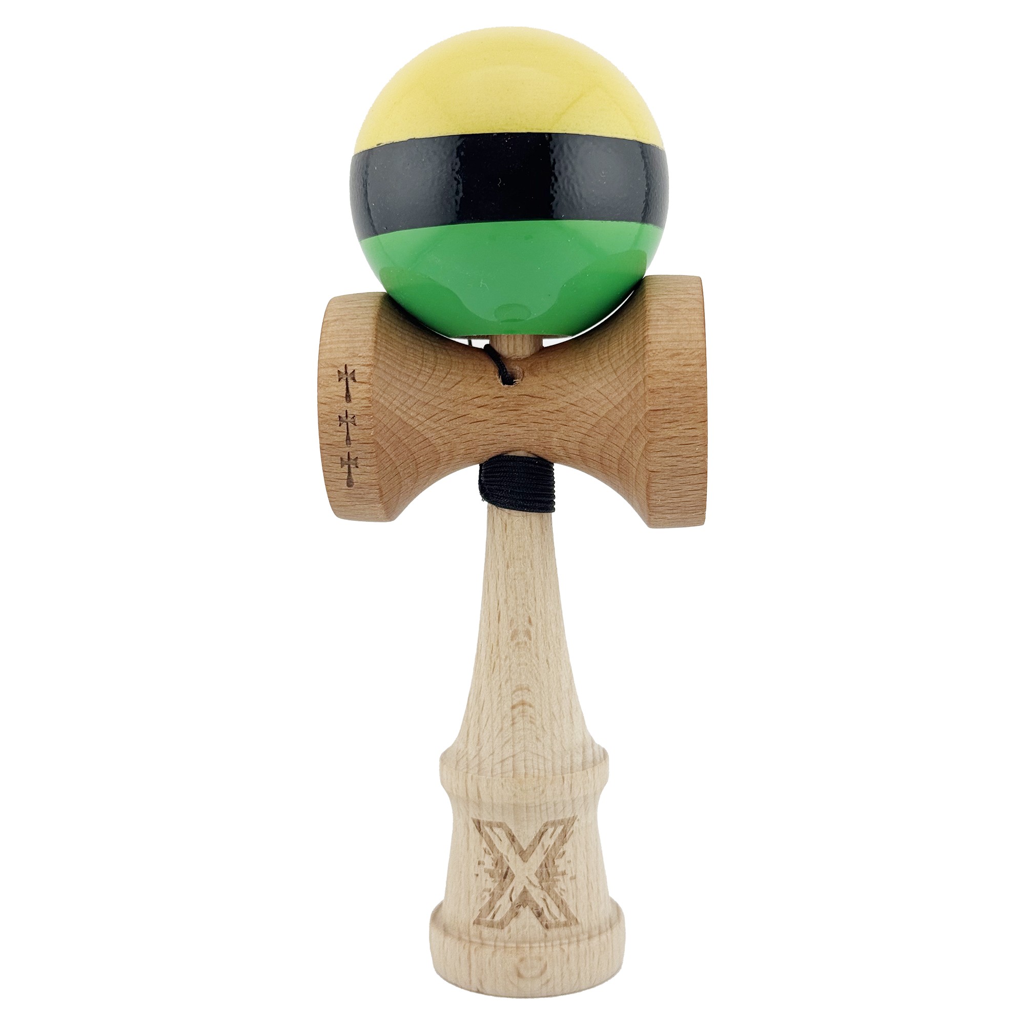 Kendama si Spinnere - Kendama X Originala, Profesionala, Big Cups V2, Super Sticky cu Cupe Mari, din lemn 18 cm, Rulment Metalic cu Ata 55 cm, Galben/Negru/Verde