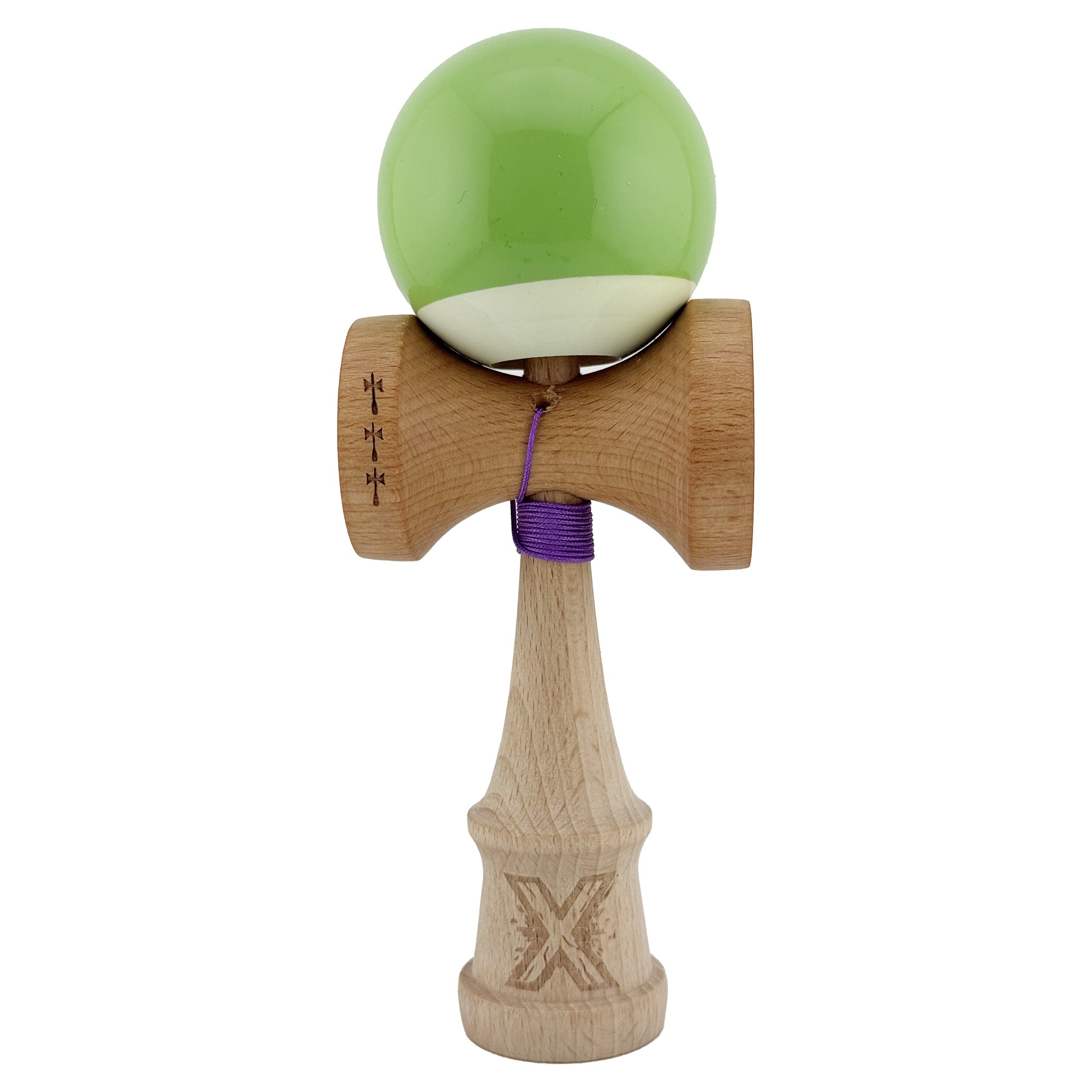 Kendama si Spinnere - Kendama X Originala, Profesionala, Big Cups V2, Super Sticky cu Cupe Mari, din lemn 18 cm, Rulment Metalic cu Ata 55 cm, Verde deschis/Alb