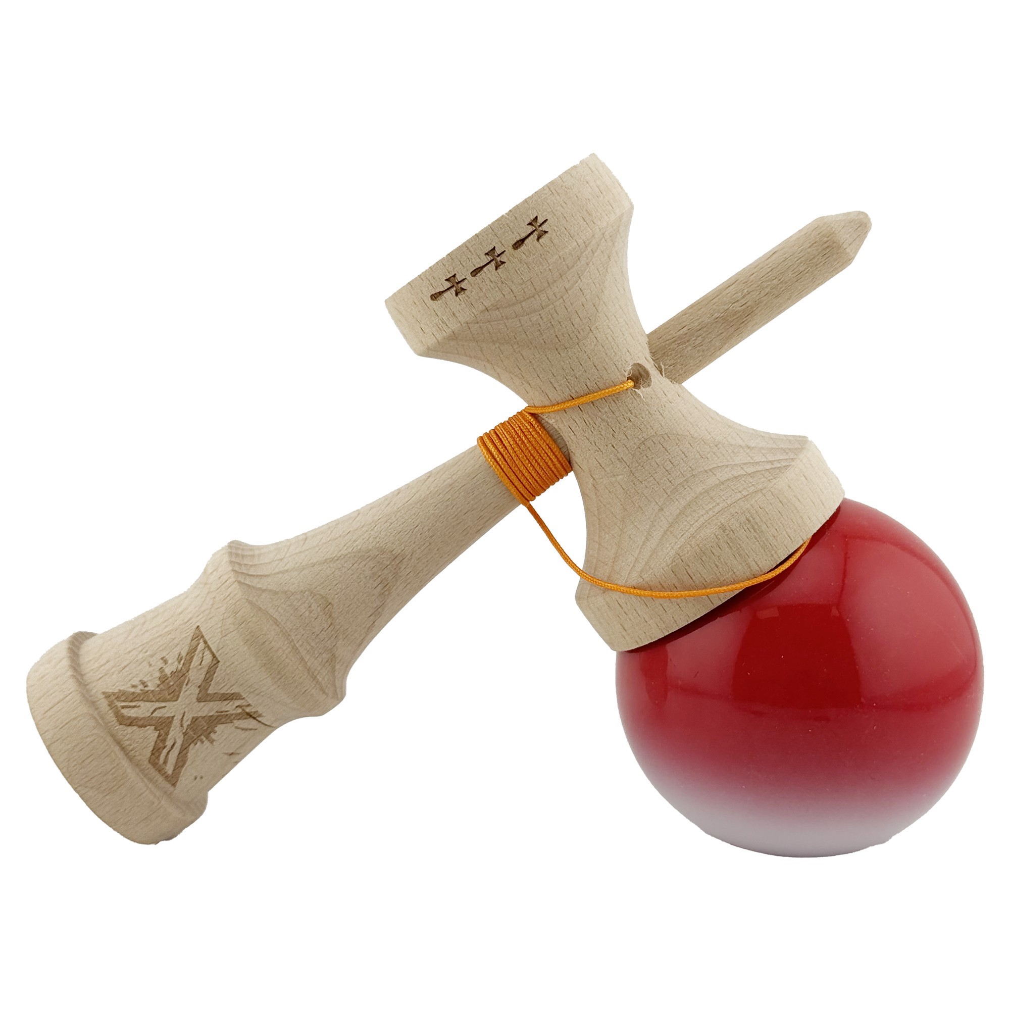 Kendama X Originala, Profesionala, Big Cups V2, Super Sticky cu Cupe Mari, din lemn 18 cm, Rulment Metalic cu Ata 55 cm, Gradient Rosu/Alb [3]