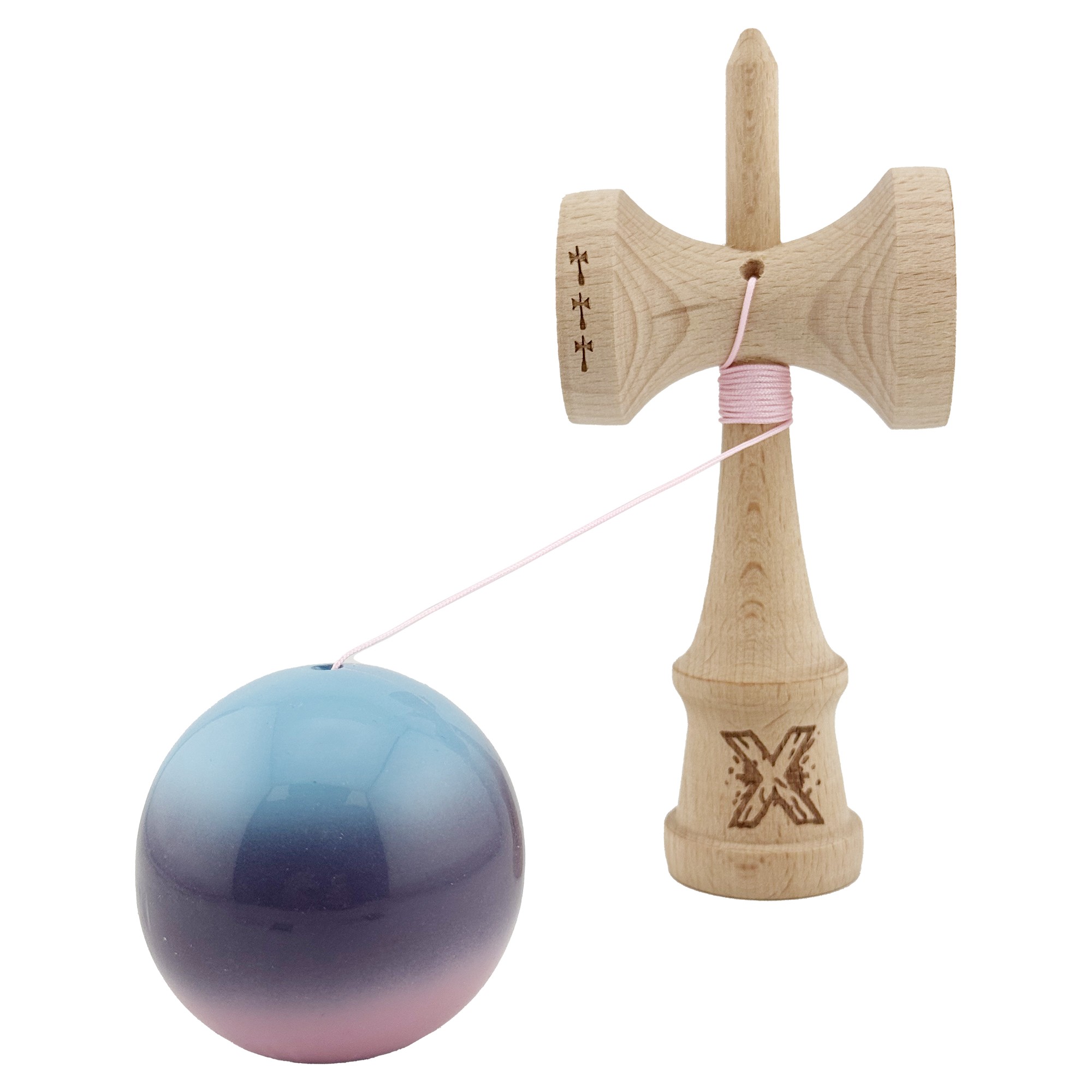 Kendama X Originala, Profesionala, Big Cups V2, Super Sticky cu Cupe Mari, din lemn 18 cm, Rulment Metalic cu Ata 55 cm, Albastru/Mov/Roz [2]
