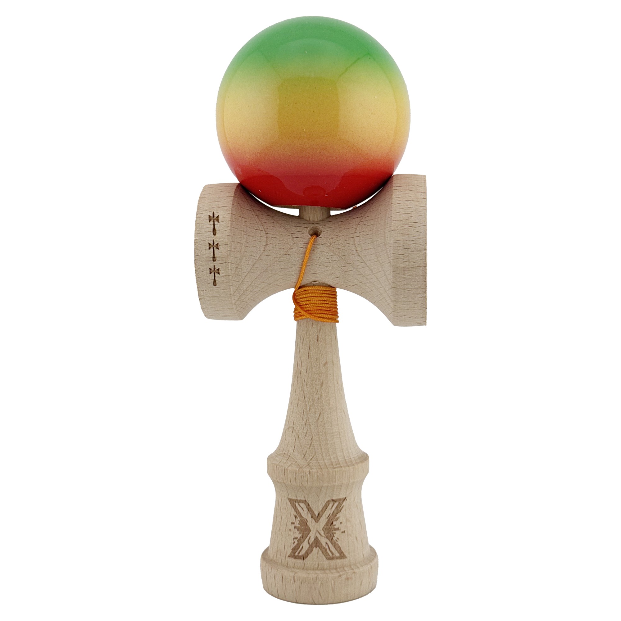 Kendama Super Sticky V2 Cupe Mari - Kendama X Originala, Profesionala, Big Cups V2, Super Sticky Cupe Mari, Rulment Metalic cu Ata 55 cm, Verde/Galben/Rosu