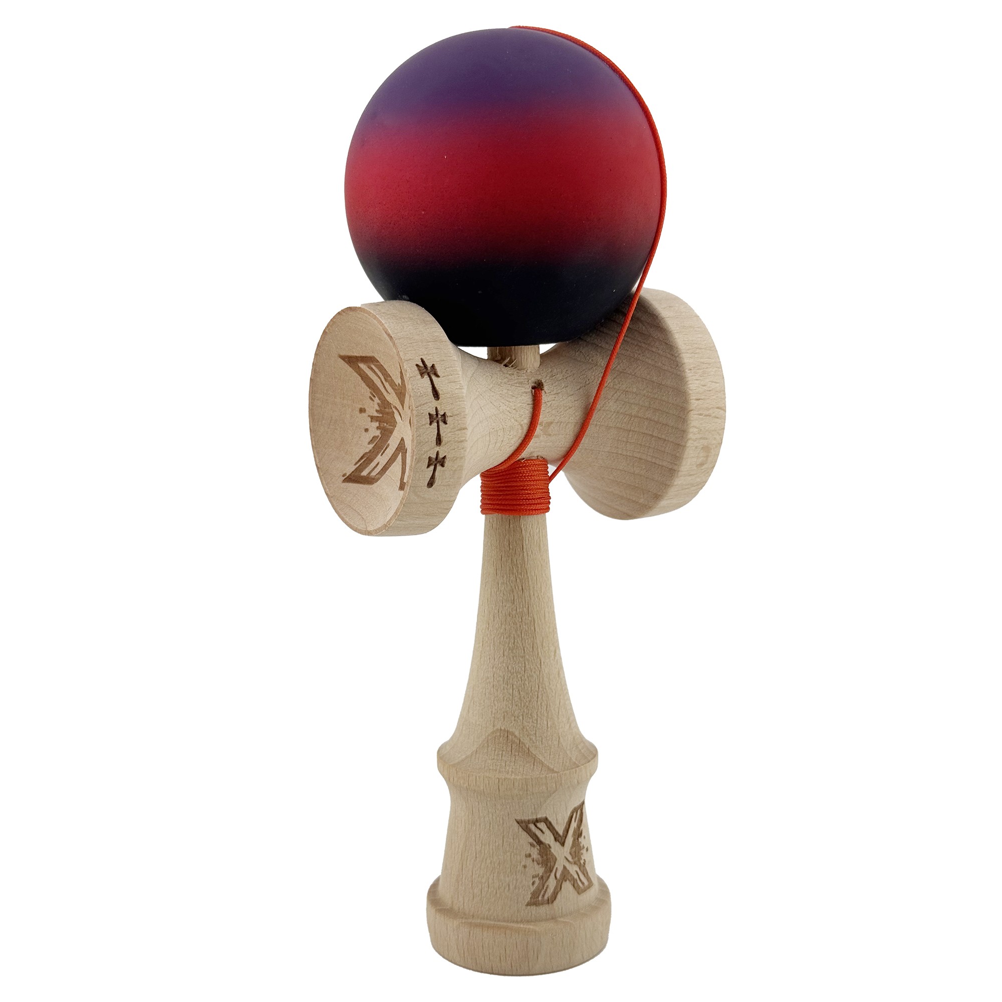 Kendama X Originala, Profesionala, Big Cups V2, Rubber Grip cu Cupe Mari, Rulment Metalic cu Ata 55 cm, Mov/Rosu/Negru [1]