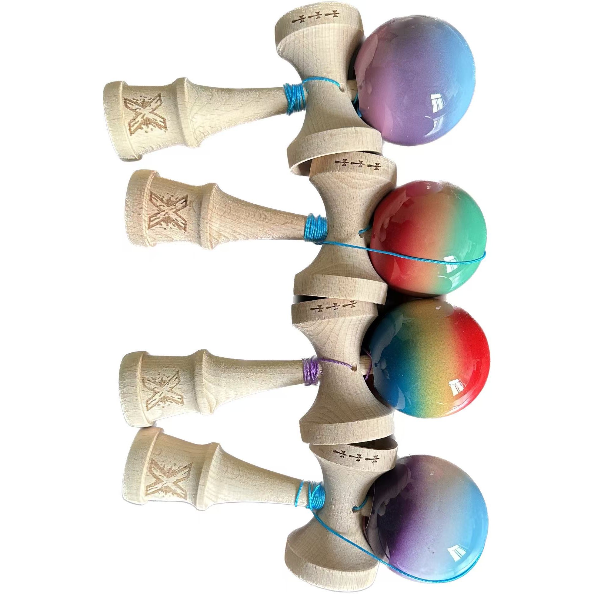 Kendama si Spinnere - Kendama X Originala, Profesionala, din Lemn, 18 cm -largel balls+large handle +Original Super Sticky- Gradient colors MIX