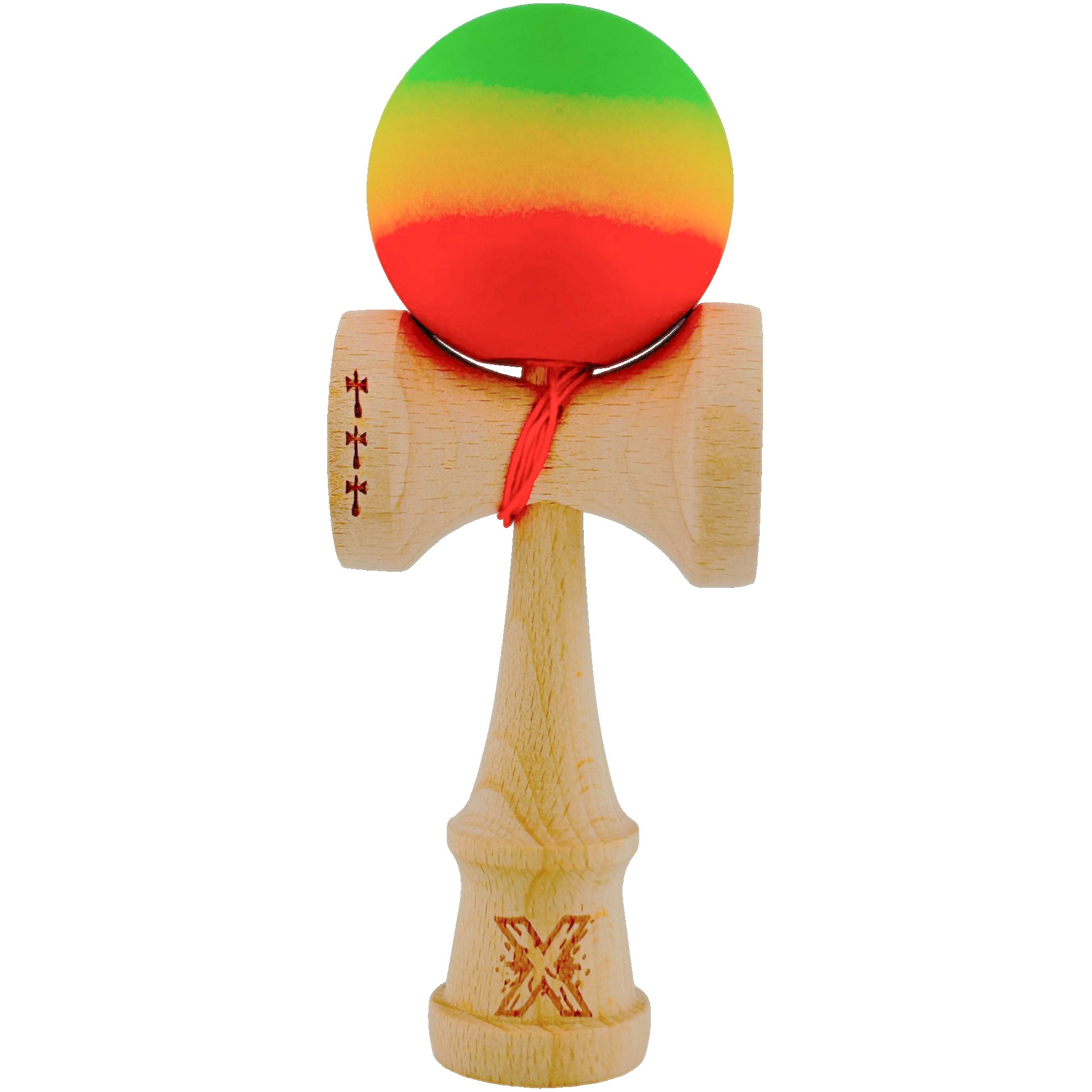 Kendama Rubber Grip V2 Cupe Mari - Kendama X Originala, Profesionala, Big Cups V2, Rubber Grip cu Cupe Mari, Rulment Metalic cu Ata 55 cm, Verde/Galben/Rosu
