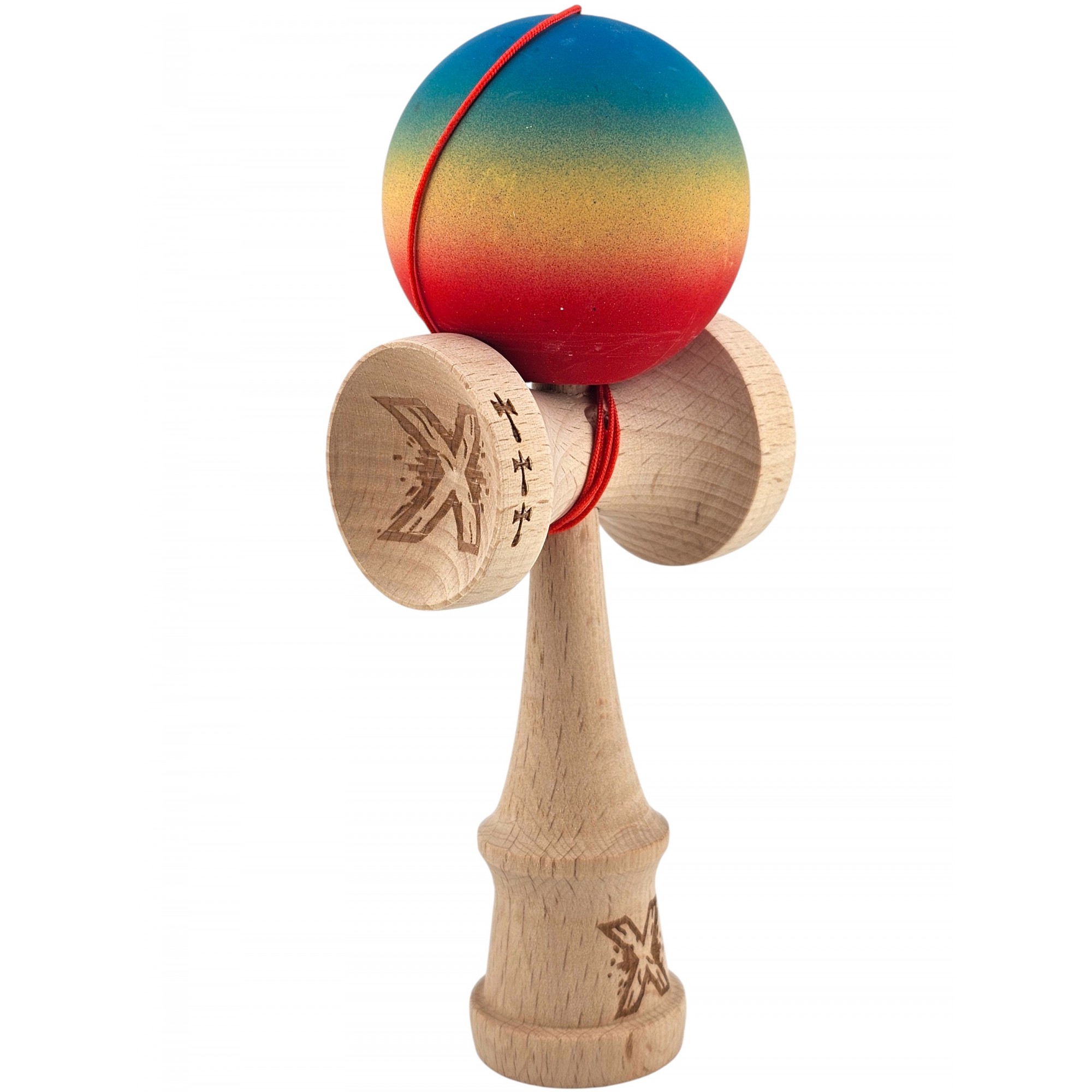 Kendama X Originala, Profesionala, Big Cups V2, Rubber Grip cu Cupe Mari, Rulment Metalic cu Ata 55 cm, Gradient Albastru/Galben/Rosu [1]
