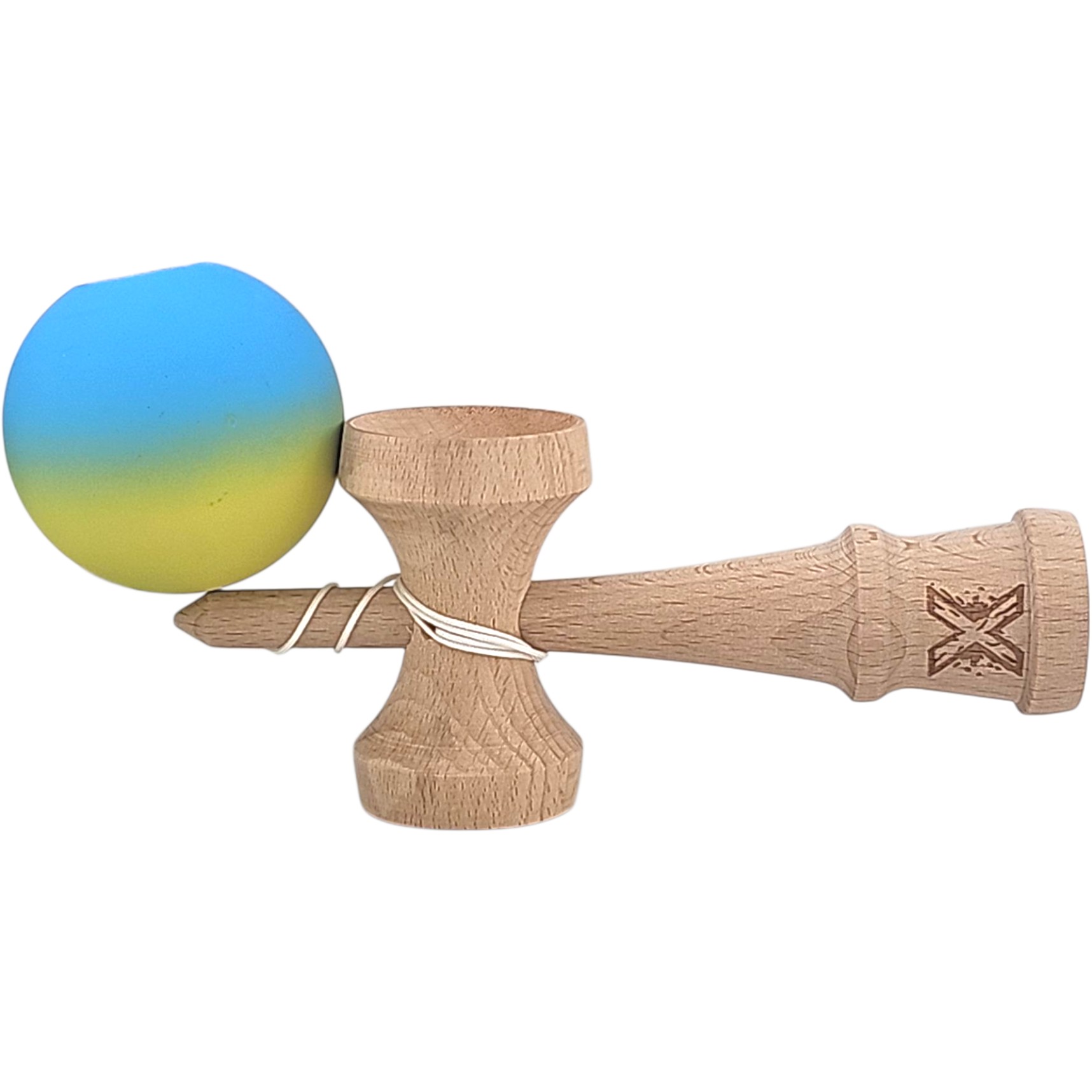 Kendama X Originala, Profesionala, 18 cm, Profesionala, +9 Ani, din Lemn, Gradient Galben/Albastru [3]