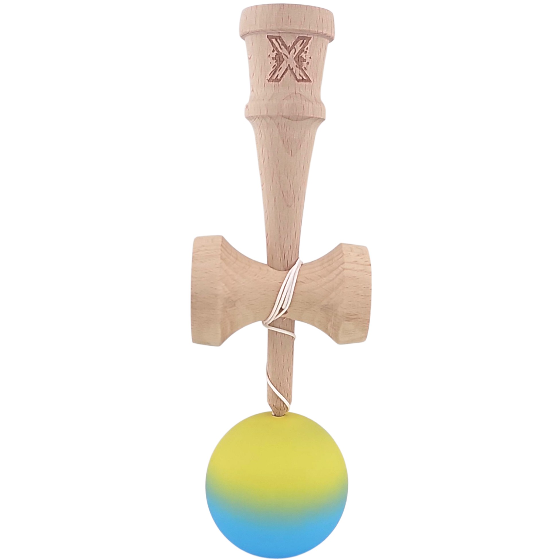 Kendama X Originala, Profesionala, 18 cm, Profesionala, +9 Ani, din Lemn, Gradient Galben/Albastru [1]