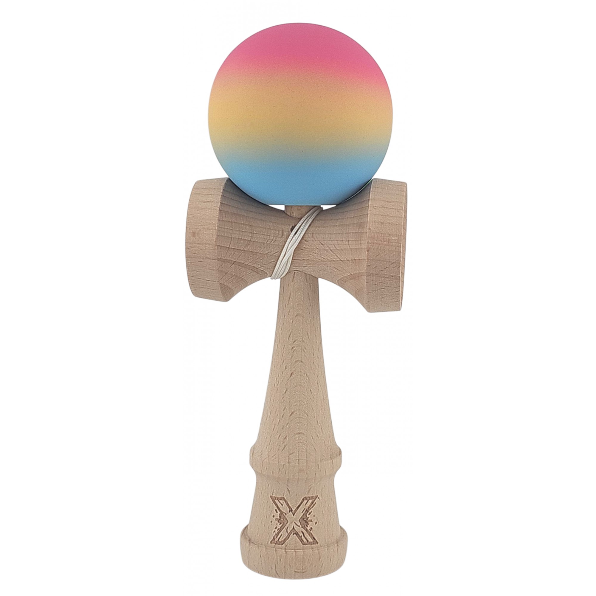 Kendama si Spinnere - Kendama X Originala, Profesionala, din Lemn, Rubber Grip, 18 cm, Roz/Galben/Albastru