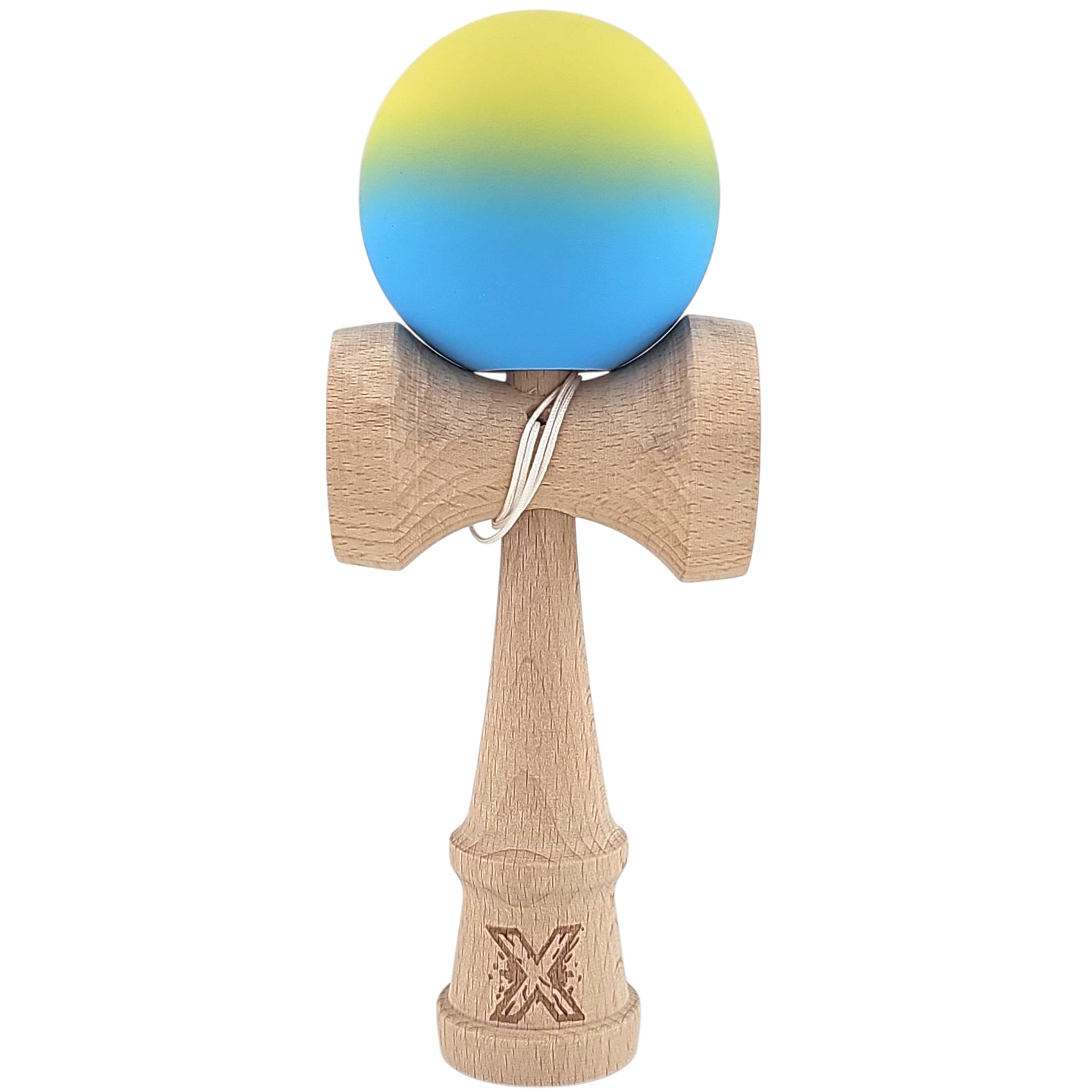 Kendama si Spinnere - Kendama X Originala, Profesionala, 18 cm, Profesionala, +9 Ani, din Lemn, Gradient Galben/Albastru