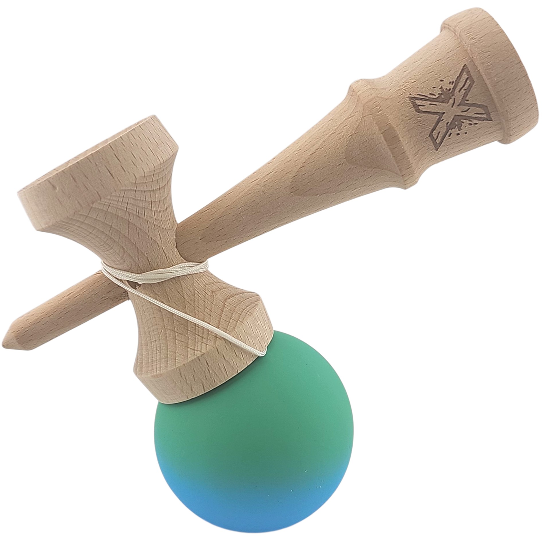 Kendama X Originala, Profesionala, din Lemn, Rubber Grip, 18 cm, Verde/Albastru [2]