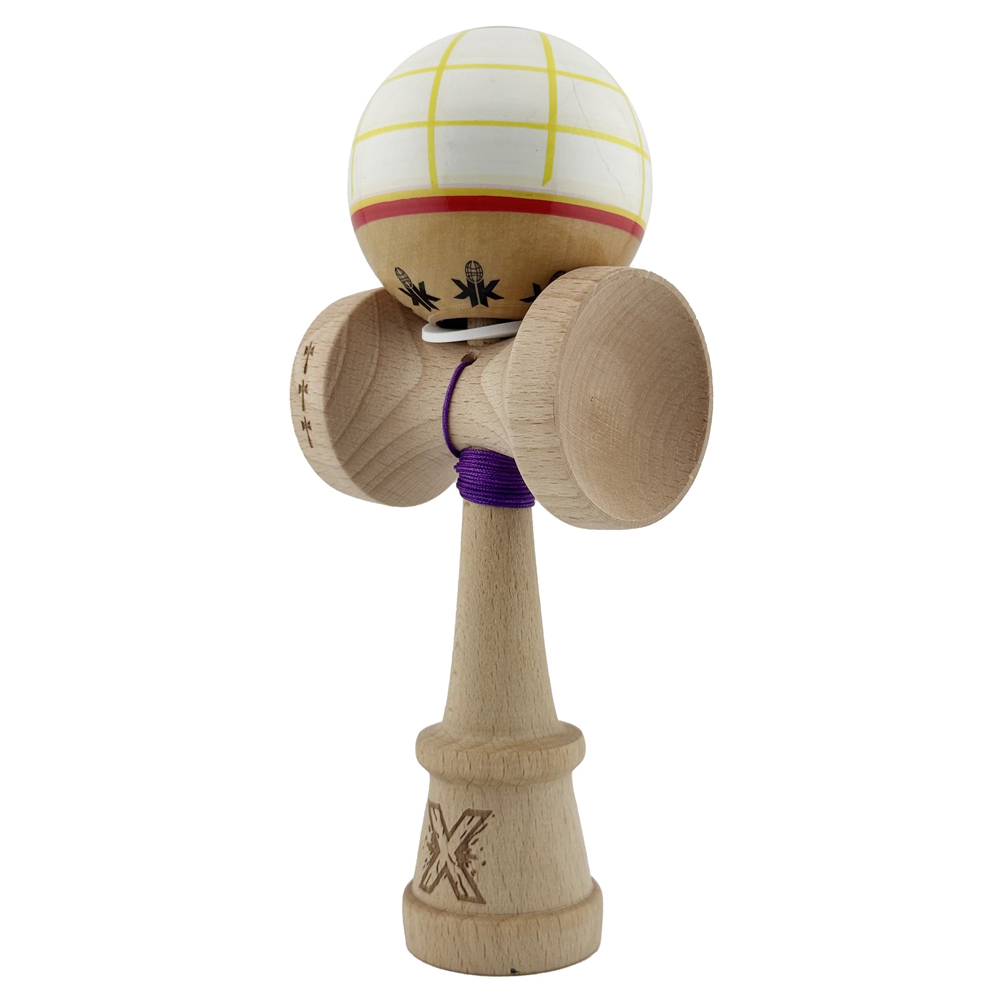 Kendama X Originala, Profesionala, Legendary Glob, Cupe Mari KING SIZE V3, Super Sticky, Gaura in Baza, Rulment Metalic, din lemn 18 cm, Ata 55 cm, Alb/Galben/Rosu [2]
