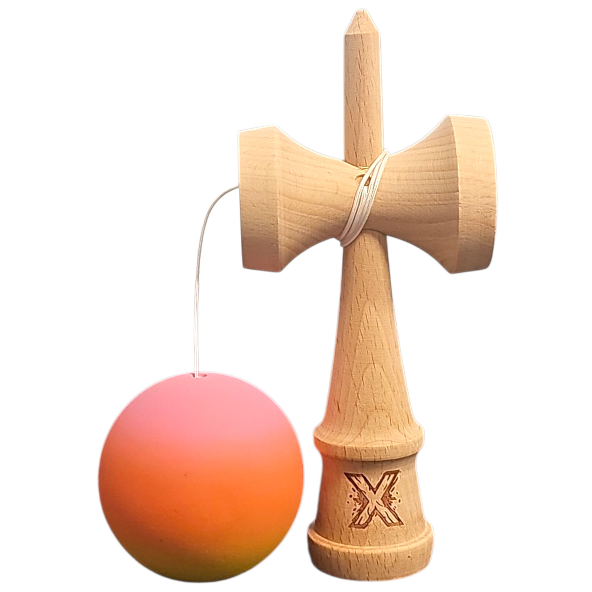 Kendama X Originala, Profesionala, Rubber Grip, din Lemn, 18 cm, Roz/Portocaliu/Galben [1]