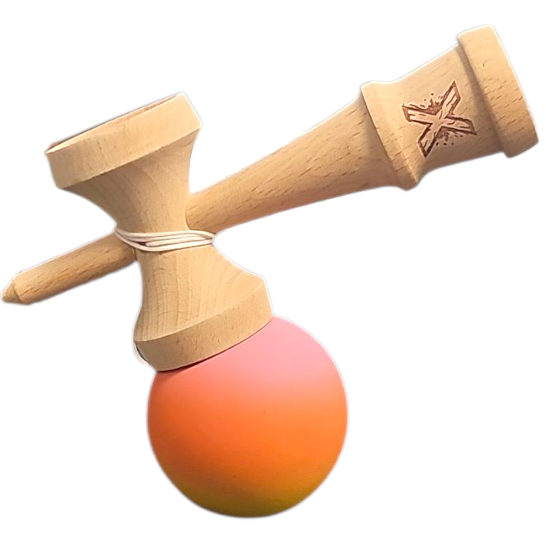Kendama X Originala, Profesionala, Rubber Grip, din Lemn, 18 cm, Roz/Portocaliu/Galben [2]