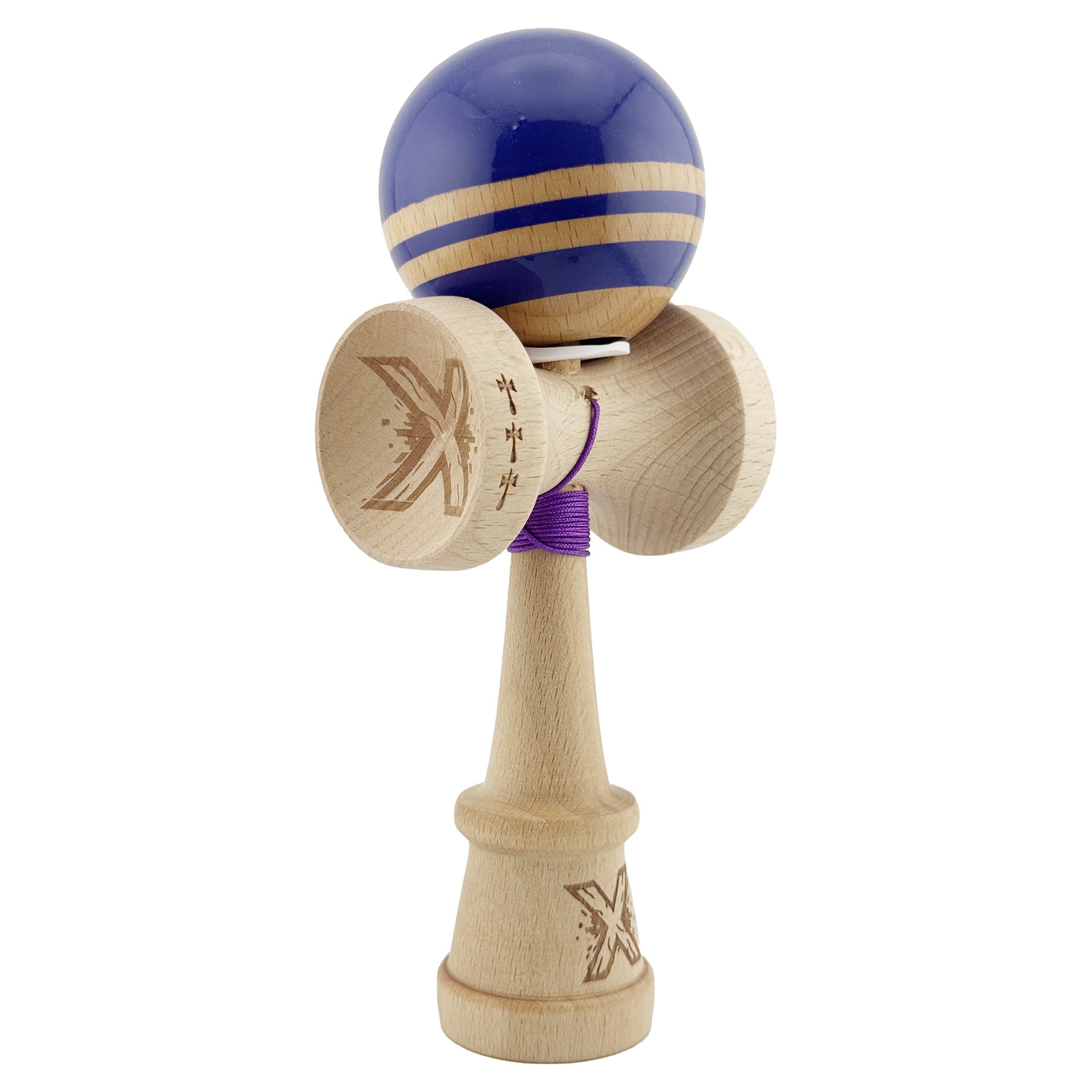 Kendama si Spinnere - Kendama X Originala RAINBOW, Profesionala, Cupe Mari KING SIZE V3, Super Sticky, Gaura in Baza, Rulment Metalic, din lemn 18 cm, Ata 55 cm, Violet/Maro