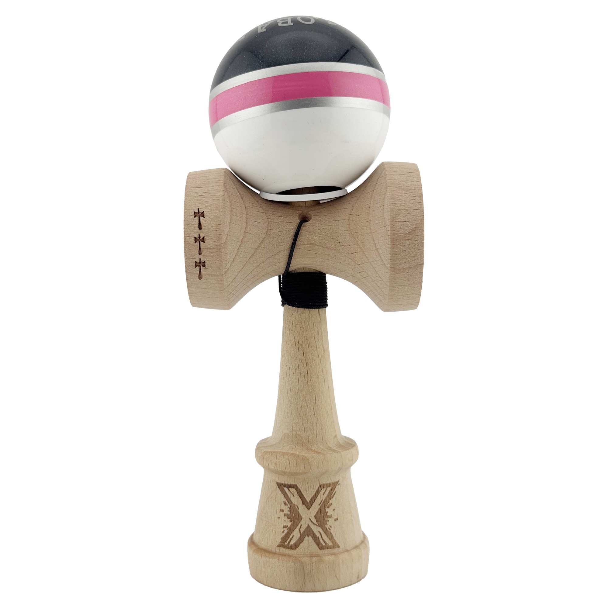 Kendama X Originala ROYAL SPIKE, Profesionala, Cupe Mari KING SIZE V3, Super Sticky, Gaura in Baza, Rulment Metalic, din lemn 18 cm, Ata 55 cm, Inel Roz [1]