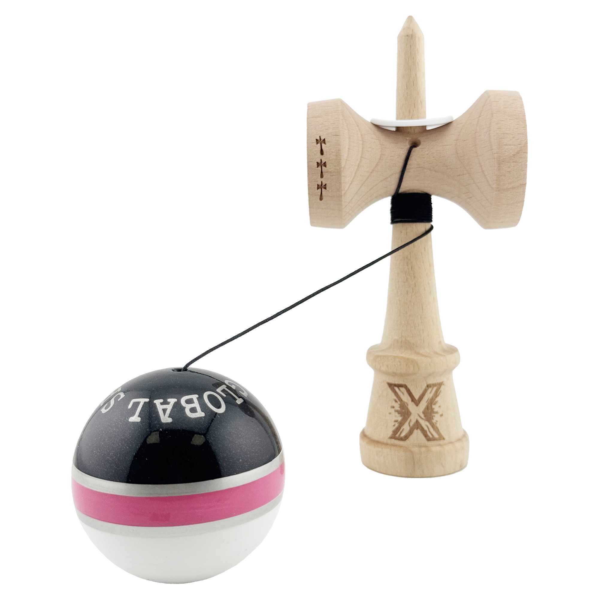Kendama X Originala ROYAL SPIKE, Profesionala, Cupe Mari KING SIZE V3, Super Sticky, Gaura in Baza, Rulment Metalic, din lemn 18 cm, Ata 55 cm, Inel Roz [3]