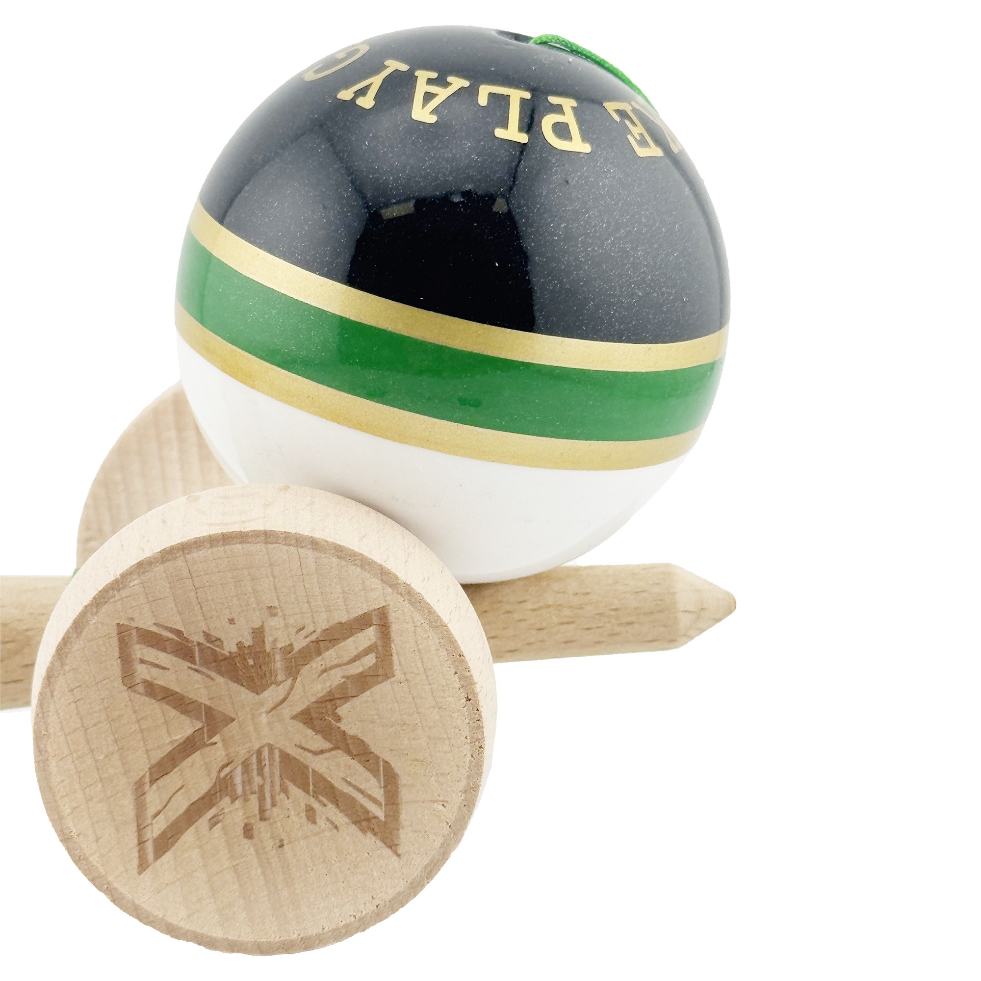 Kendama X Originala ROYAL SPIKE, Profesionala, Cupe Mari KING SIZE V3, Super Sticky, Gaura in Baza, Rulment Metalic, din lemn 18 cm, Ata 55 cm, Inel Verde [7]