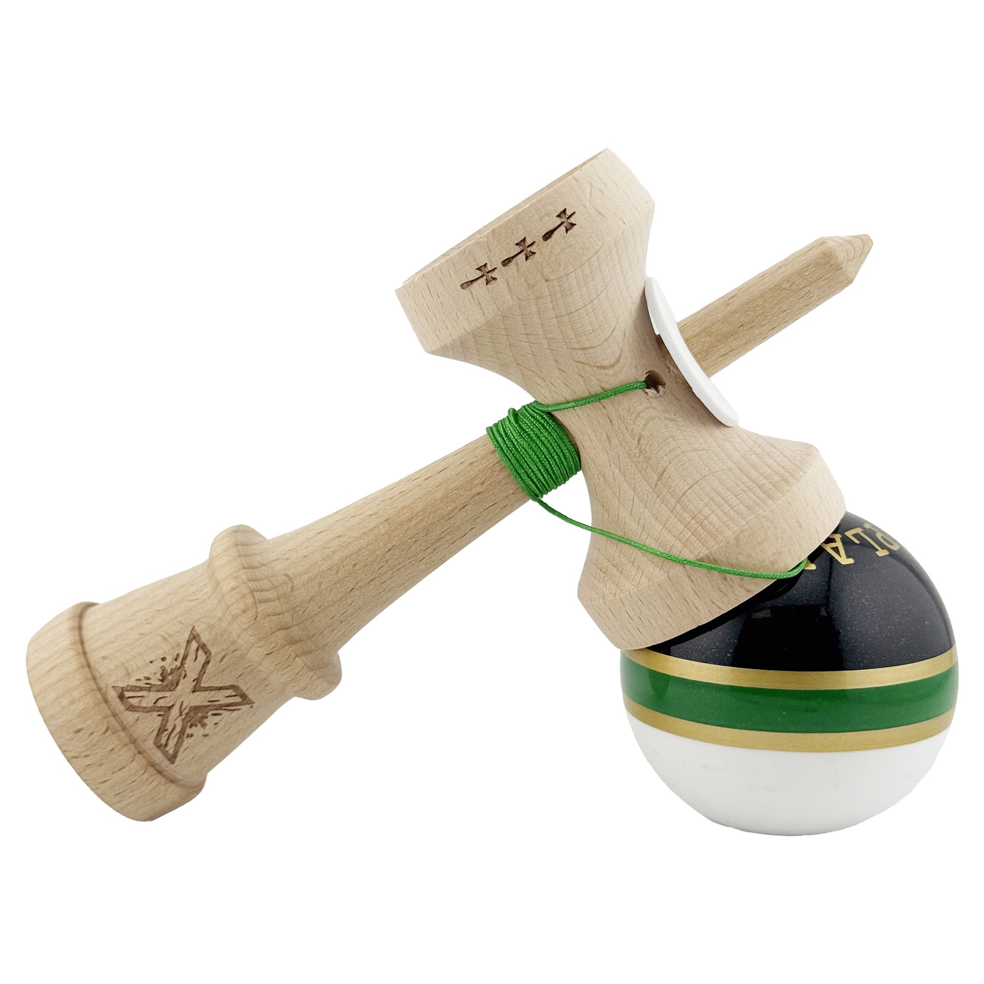 Kendama X Originala ROYAL SPIKE, Profesionala, Cupe Mari KING SIZE V3, Super Sticky, Gaura in Baza, Rulment Metalic, din lemn 18 cm, Ata 55 cm, Inel Verde [4]