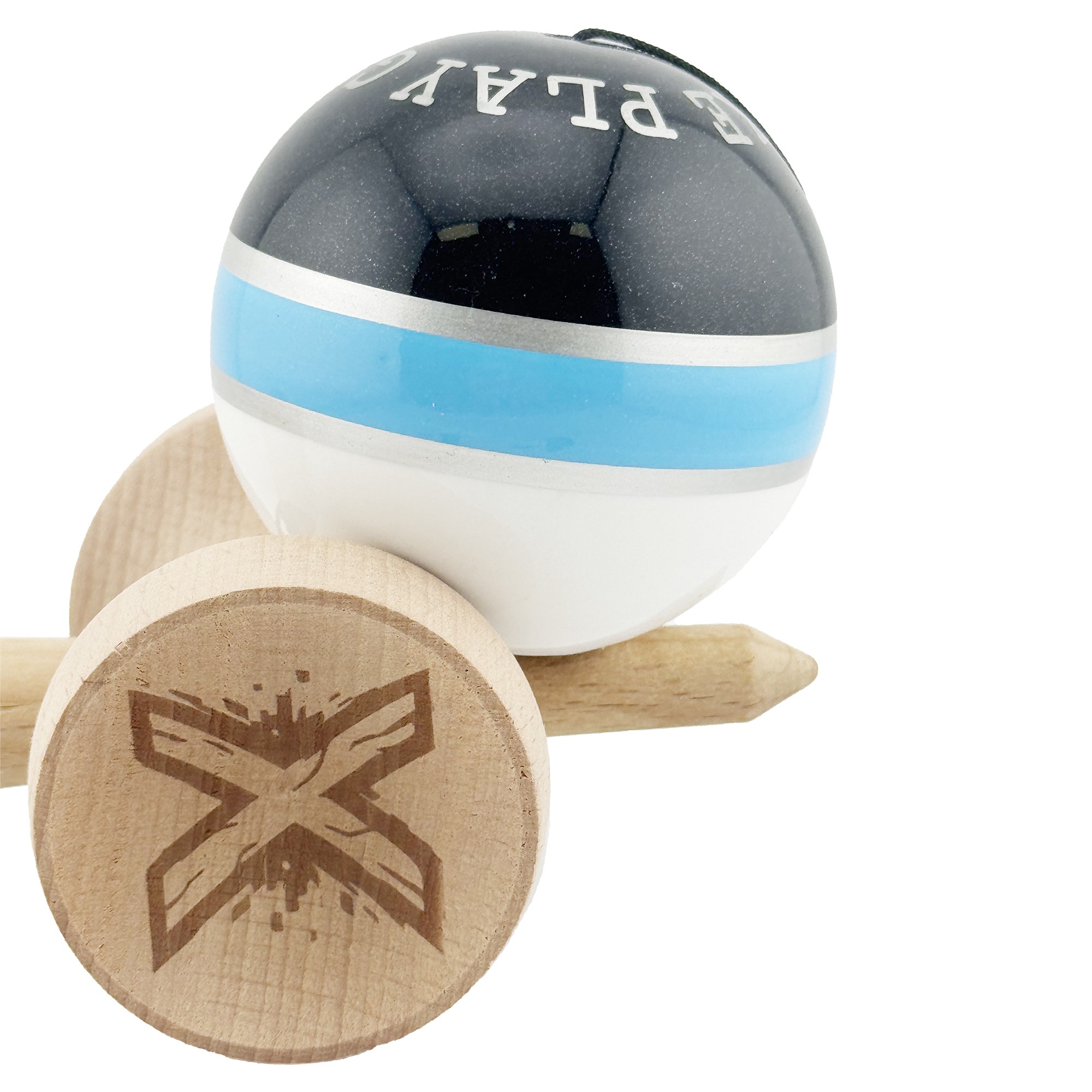 Kendama X Originala ROYAL SPIKE, Profesionala, Cupe Mari KING SIZE V3, Super Sticky, Gaura in Baza, Rulment Metalic, din lemn 18 cm, Ata 55 cm, Inel Albastru deschis [7]