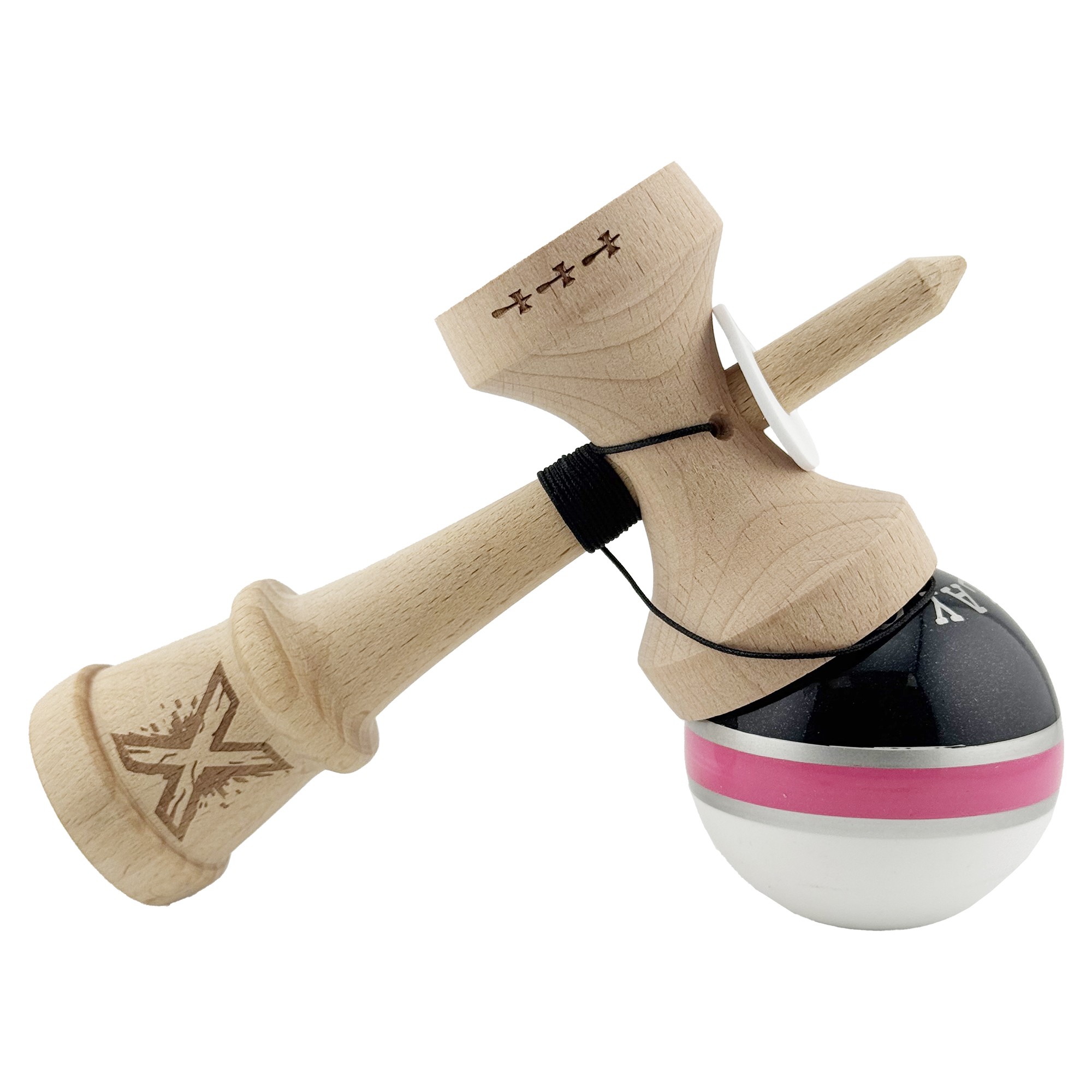 Kendama X Originala ROYAL SPIKE, Profesionala, Cupe Mari KING SIZE V3, Super Sticky, Gaura in Baza, Rulment Metalic, din lemn 18 cm, Ata 55 cm, Inel Roz [4]