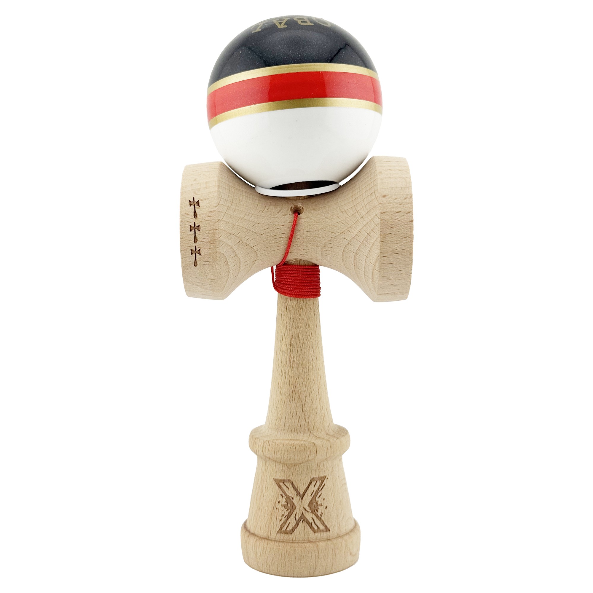 Kendama X Originala ROYAL SPIKE, Profesionala, Cupe Mari KING SIZE V3, Super Sticky, Gaura in Baza, Rulment Metalic, din lemn 18 cm, Ata 55 cm, Inel Rosu [1]